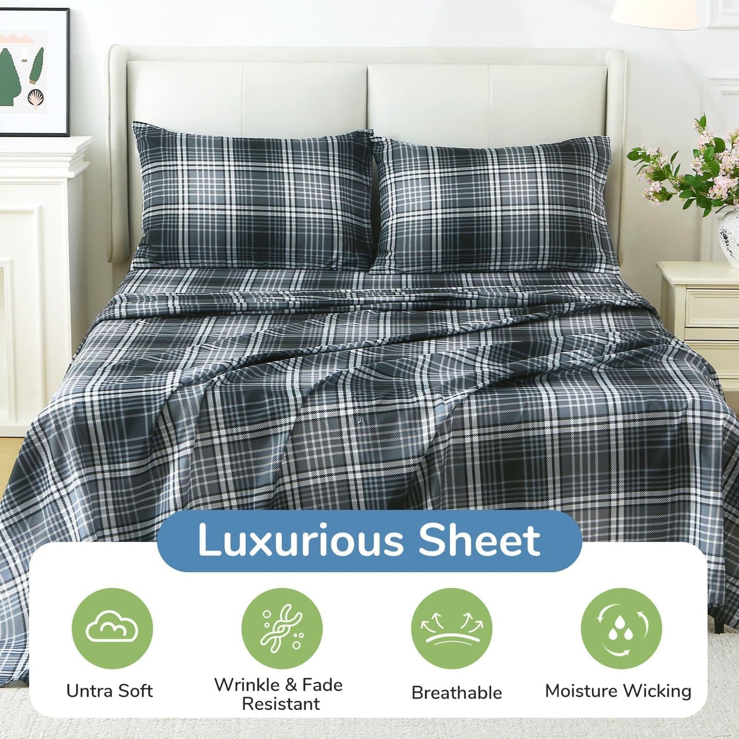 MUXHOMO Queen Size 4 Piece Sheet Set, Soft Breathable Bed Sheet Set for Bedroom with Deep Pocket Up to 16", Wrinkle-Free & Cooling Bedding for Oeko-TEX Certified - Black/White Plaid