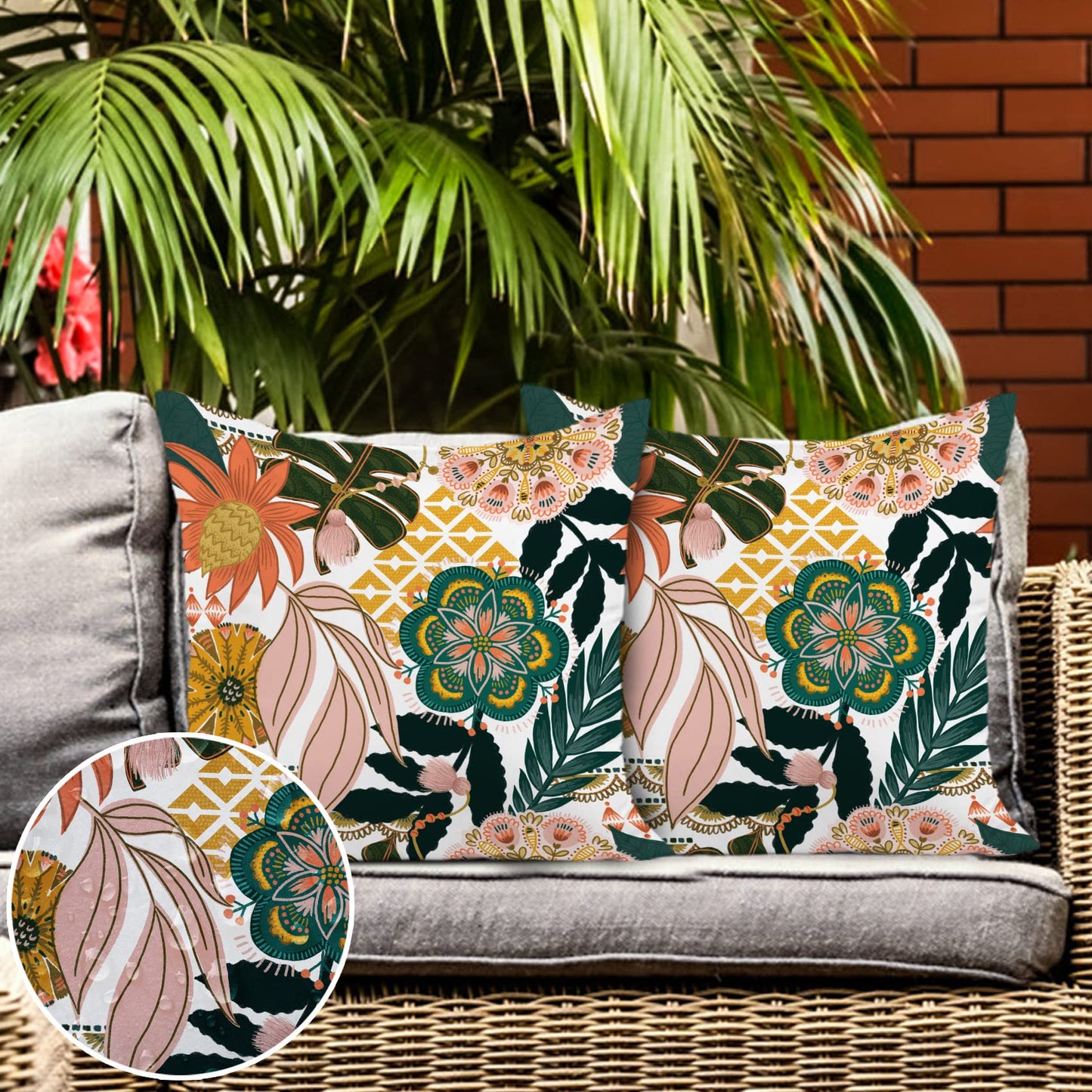 Jartinle Boho Floral Outdoor Pillow Covers 18x18 Waterproof Set of 2 Blooming Flower Leaves Pattern Porch Pillow Covers for Patio Furniture