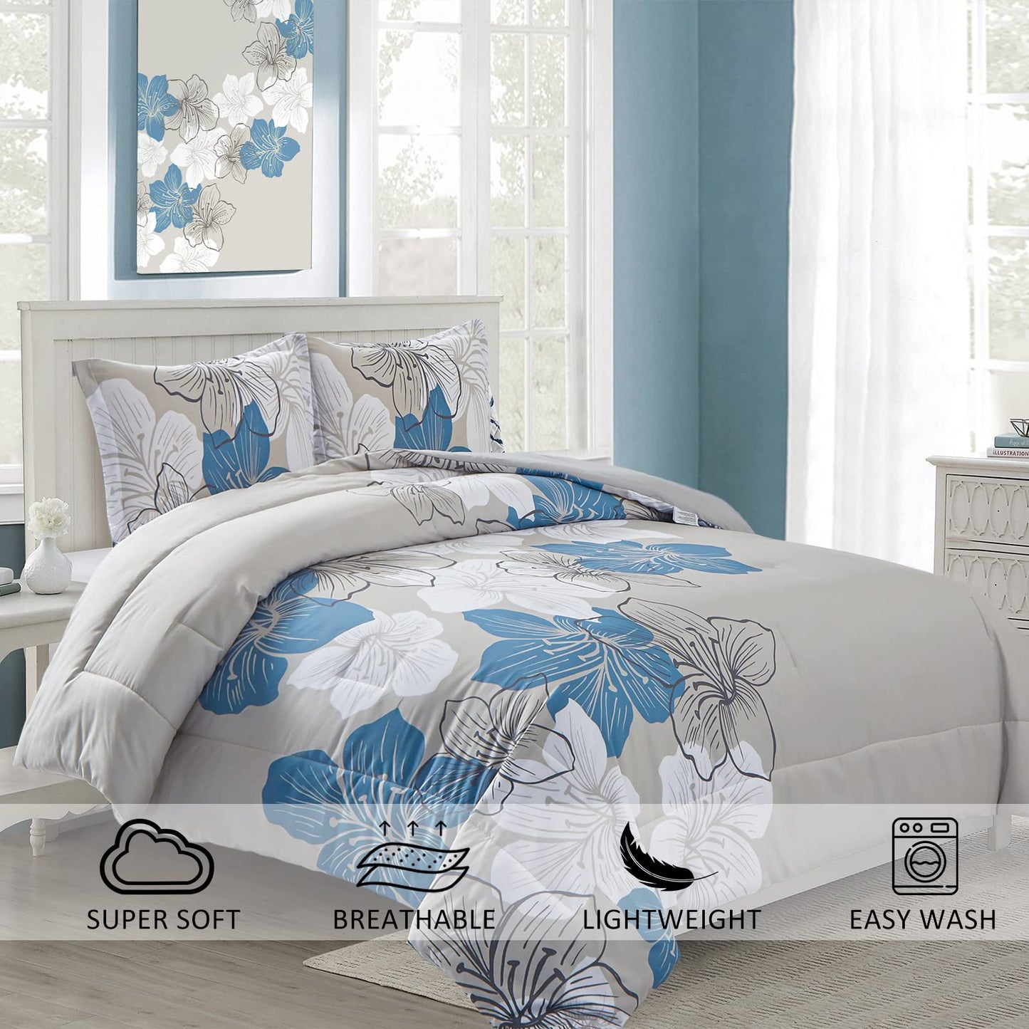 Menghomeus Floral Comforter Set Queen 3 Piece Blue Floral Pattern Printed on Grey Soft Microfiber Bedding Set Lightweight Bed Comforter Set for All Season (1 Comforter, 2 Pillowcases)