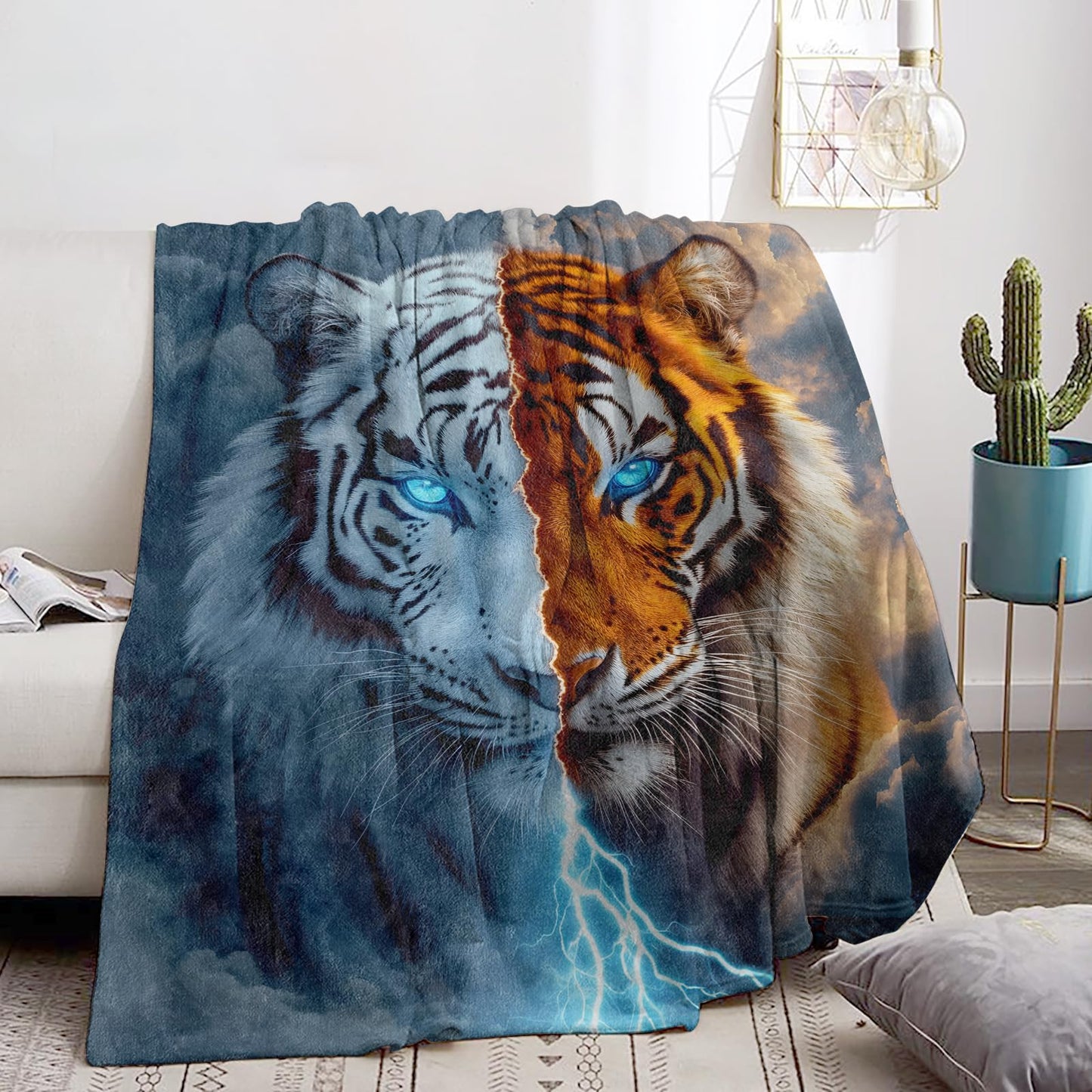 Bidesk Whimsical Tiger Blanket Soft Cozy Flannel Throw Blanket, Warm Yet Lightweight Half White, Half Orange Tigers Blankets for Travel, Couch, Bed, for Adults Women Men, Outdoor Comfort Wrap 60"×50"