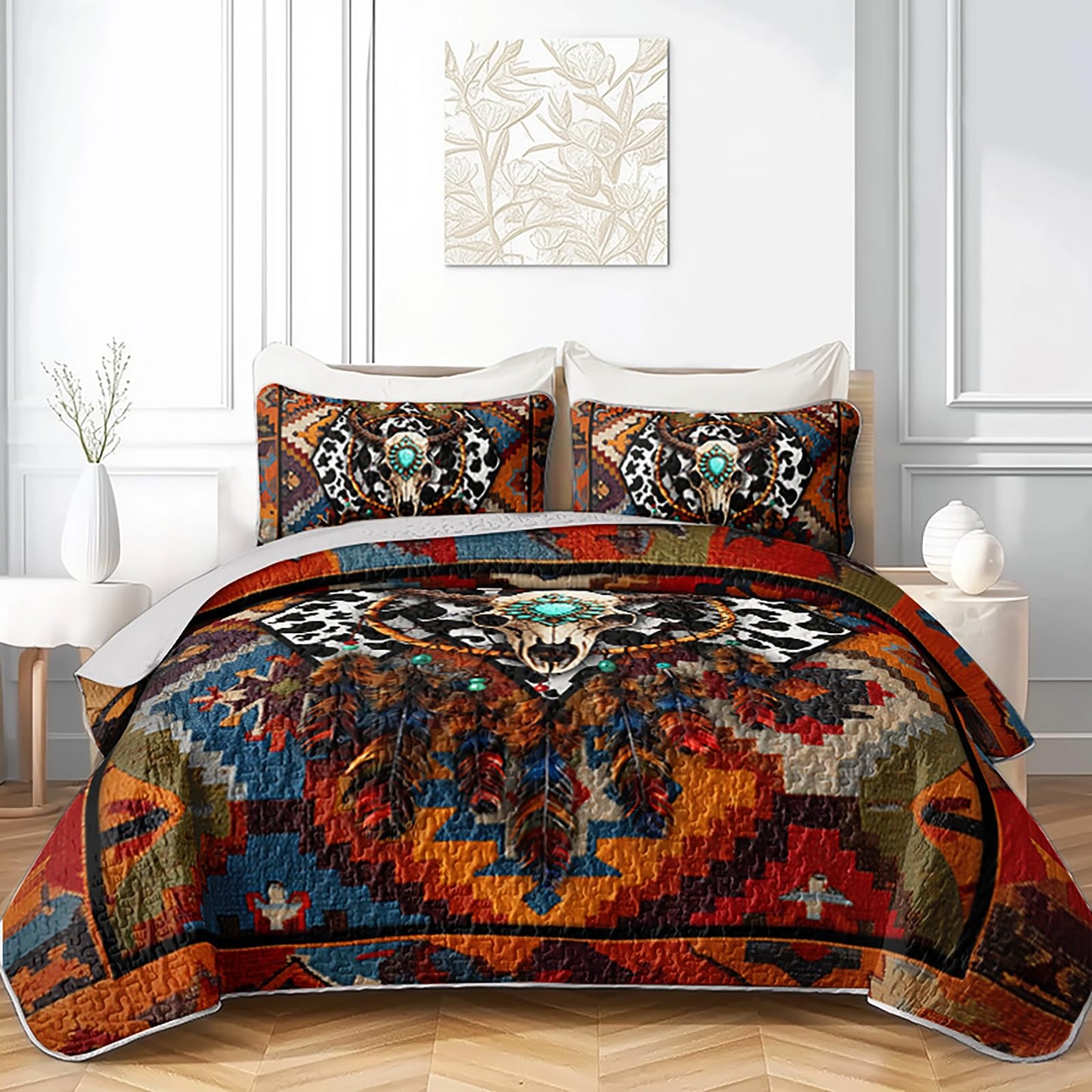 AILONEN Bull Skull Quilt Bedding Set King Size - Dreamcatcher Skull Boho Camo Bedspread Coverlet 3Pcs,Retro Ethnic Quilt,2 Pillowcases