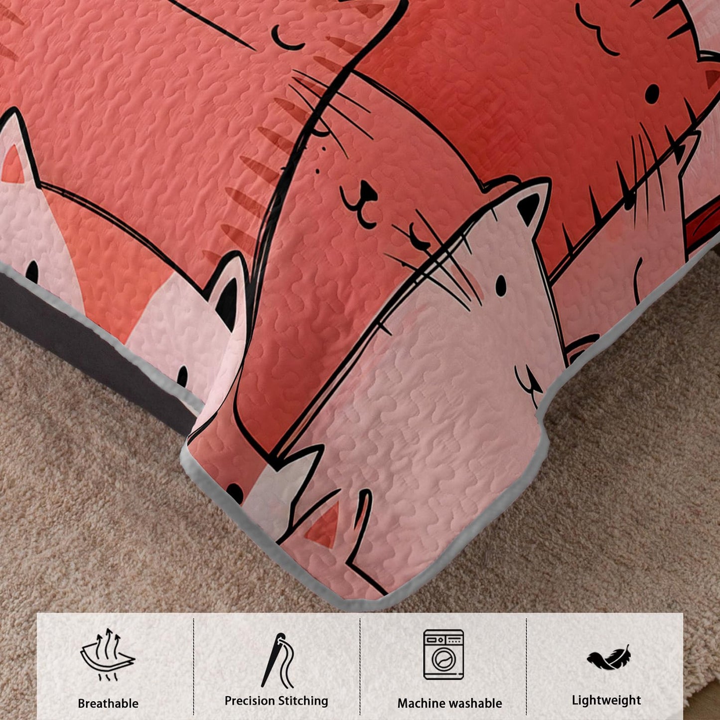 AILONEN Full Quilted Comforter 3 Piece Set, Kawaii Kitten Bedspread Coverlet with 2 Pillowcases, Breathable Coral Pet Bedding for Teens Guest Apartment Playful Feline Sketchy Style