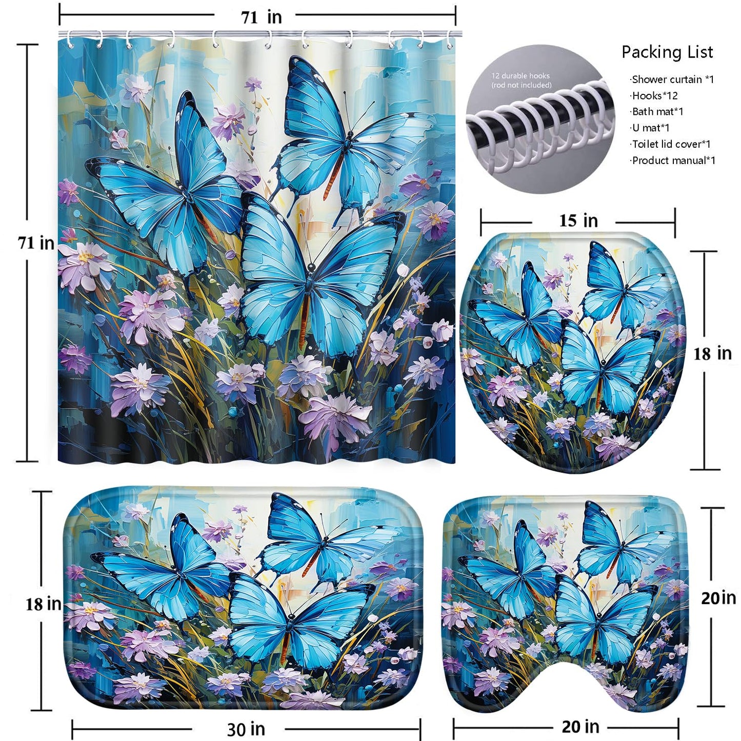 Poedist 4-Piece Blue Butterfly Bathroom Set with Non-Slip Rug, Toilet Seat and Floor Mat (with 12 Hooks), Floral Shower Curtain Set, Bathroom Set with Rug and Accessories