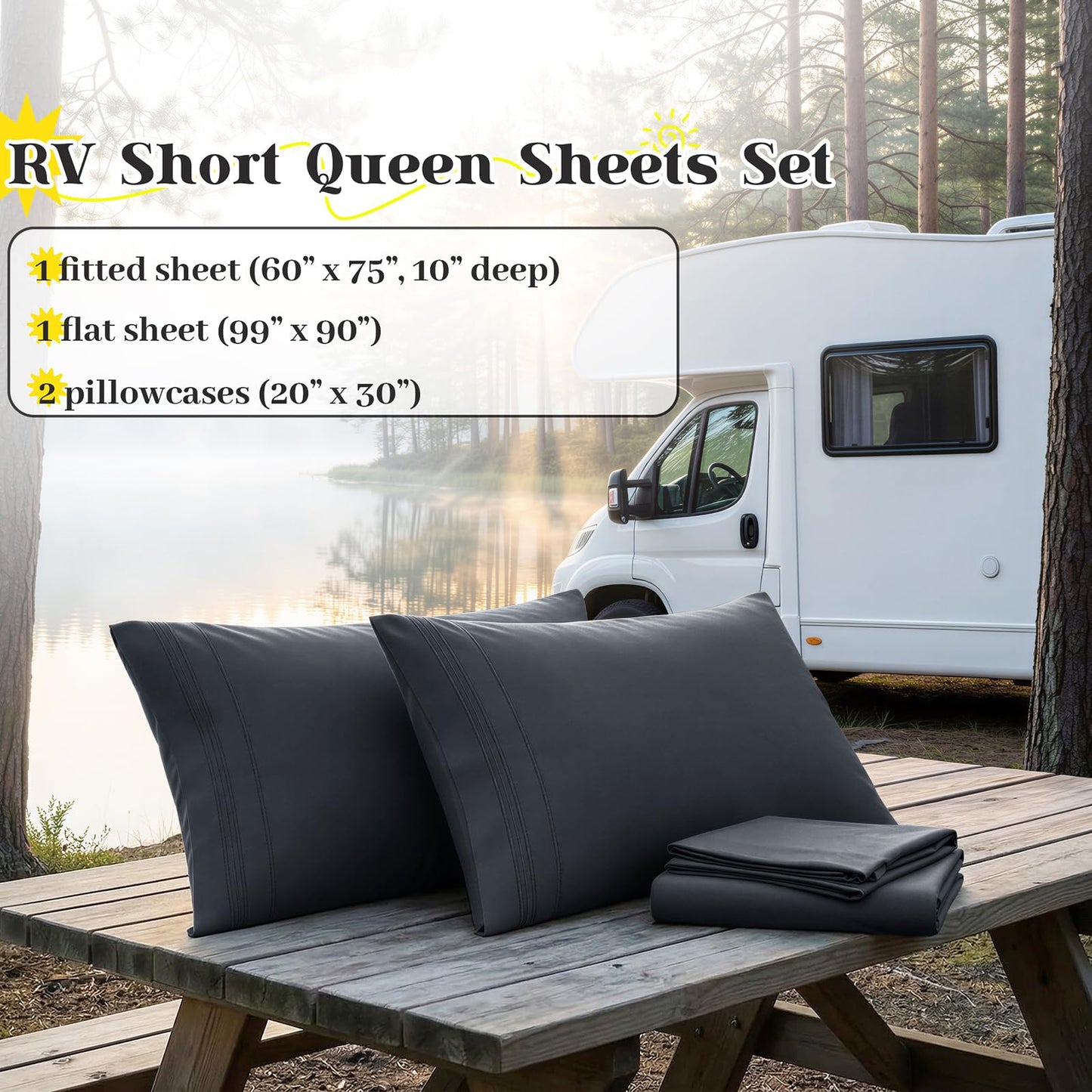 RUDONG M RV Short Queen Sheets Set - 4 Piece Dark Grey Microfiber Bedding, Super Soft, Breathable & Wrinkle-Resistant Camper Sheets for Travel Trailer Comfort