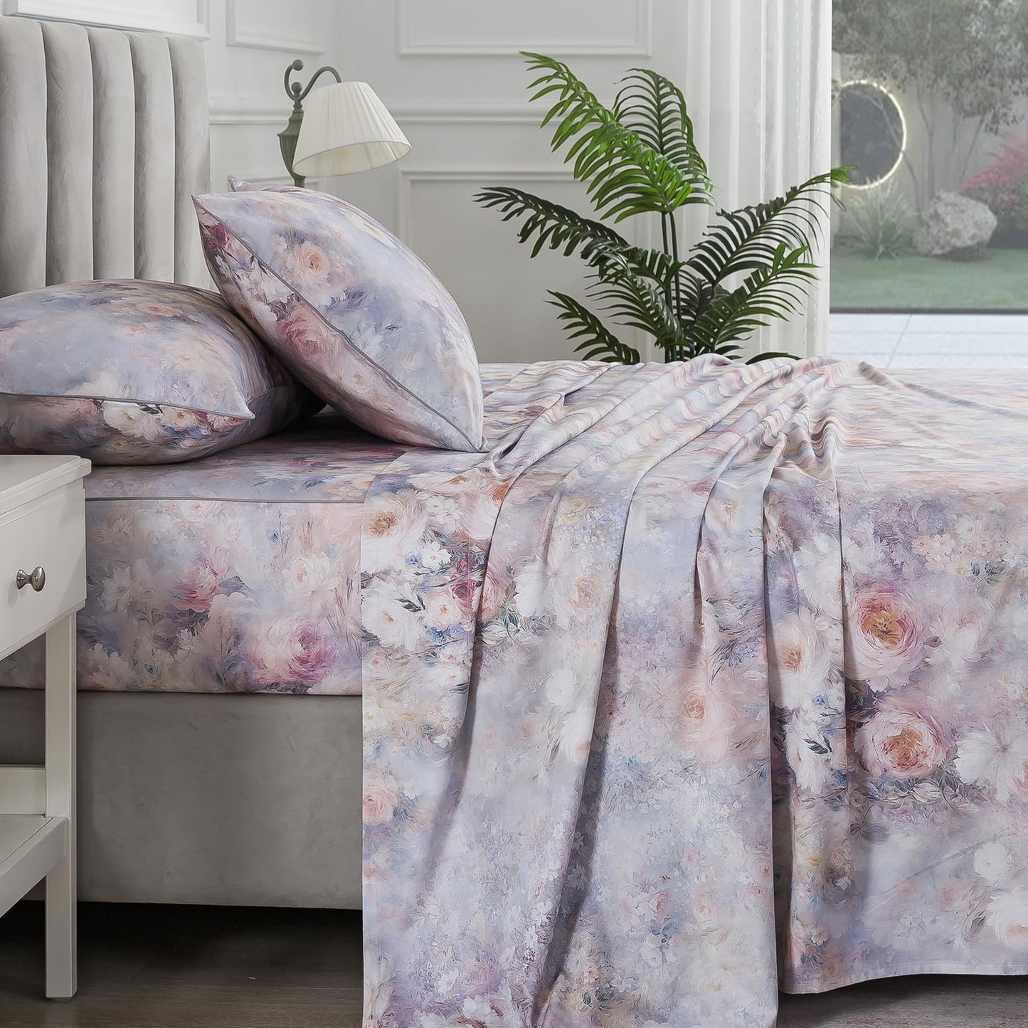 Puralens Vintage Floral Percale Sheets, Queen 100% Cotton Shabby Chic Sheet Set, Soft Crisp Purple Flower Bed Sheets, Cozy House Bedding, Deep Pocket Fitted Sheet, White Pink Rose Patterned, 4Pcs