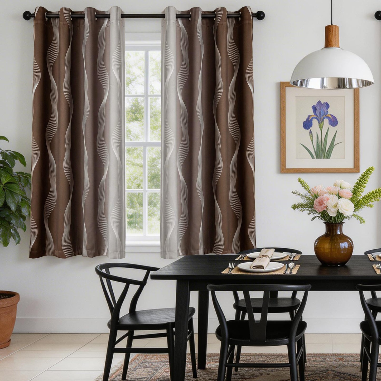 MYSKY HOME Brown and Greyish White 95% Blackout Ombre Curtains 63 inch Length 2 Panels for Bedroom Black Out Thermal Insulated Wave Line Foil Print Design Gradient Drapes for Office Classroom, W 52"