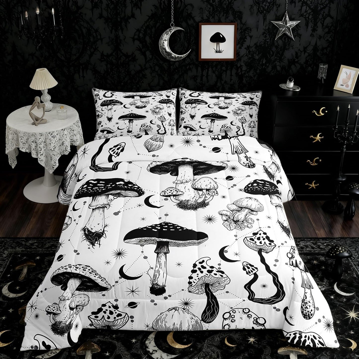 Castle Fairy Wild Mushroom Comforter Set Full Size,Abstract Sun Moon Starry Bedding Set Gothic Plants Quilt Set for Kids Boys Teens Room Decor,Black White Sketch Style Duvet Insert with 2 Pillowcases