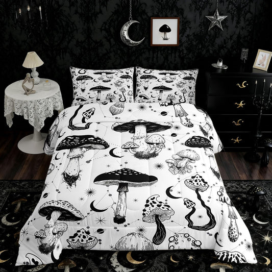 Castle Fairy Wild Mushroom Comforter Set Full Size,Abstract Sun Moon Starry Bedding Set Gothic Plants Quilt Set for Kids Boys Teens Room Decor,Black White Sketch Style Duvet Insert with 2 Pillowcases