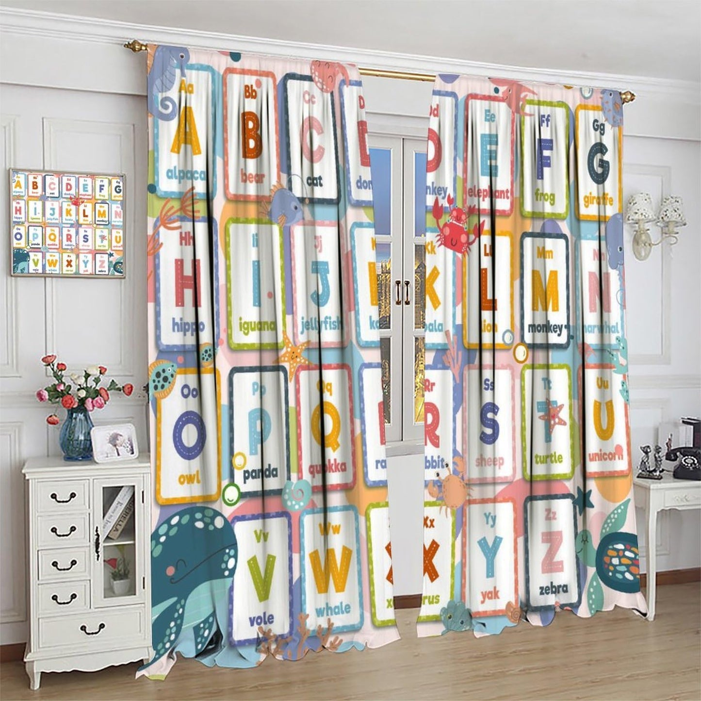 AAVEUP Alphabet Education ABC Curtains, Cartoon Watercolour Sea Animals Early Childhood Enlightenment Learning Windows Treatments Drapes for Kids Baby Nursery Bedroom 42x45in（No Blackout）