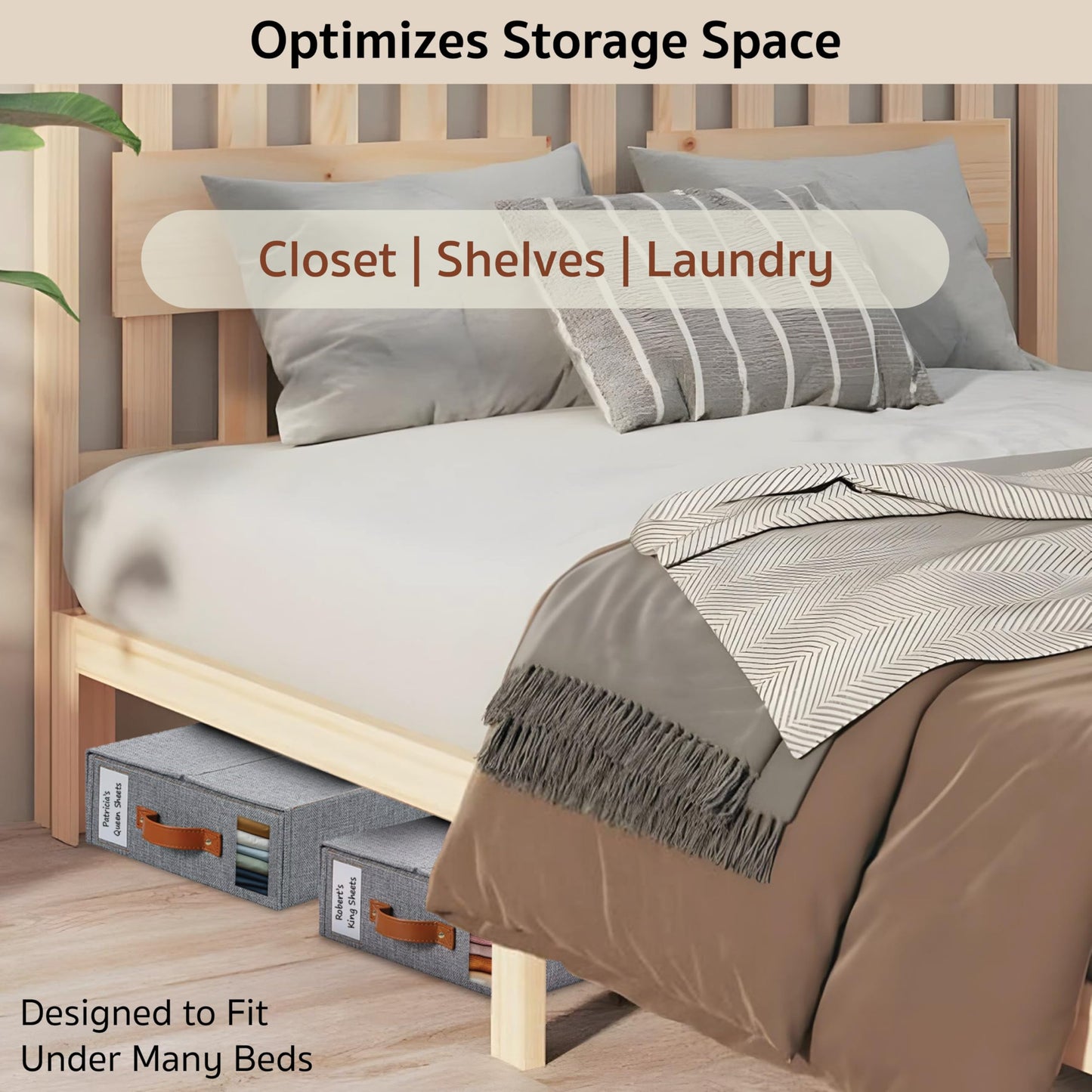 Maplux 2-Pack Set Bed Sheet Organizer – Premium Linen Storage with PU Leather Handles & Dual Labels | Fits King/Queen Sheets | Closet, Underbed & Shelf Use | Closet Organizers and Storage (Gray)