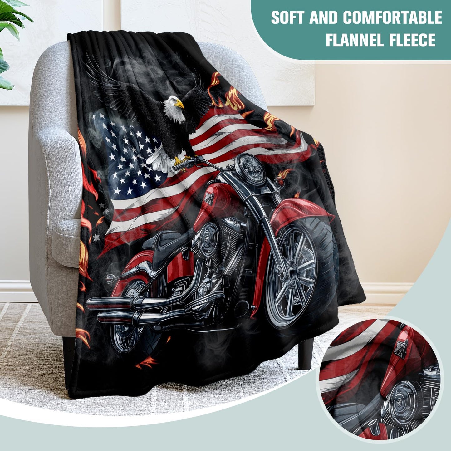American Flag Motorcycle Blanket Motorcycle Gifts for Men Soft Warm Plush Throw with Eagle Design for Couches Beds and Travel(50x60 Inch)