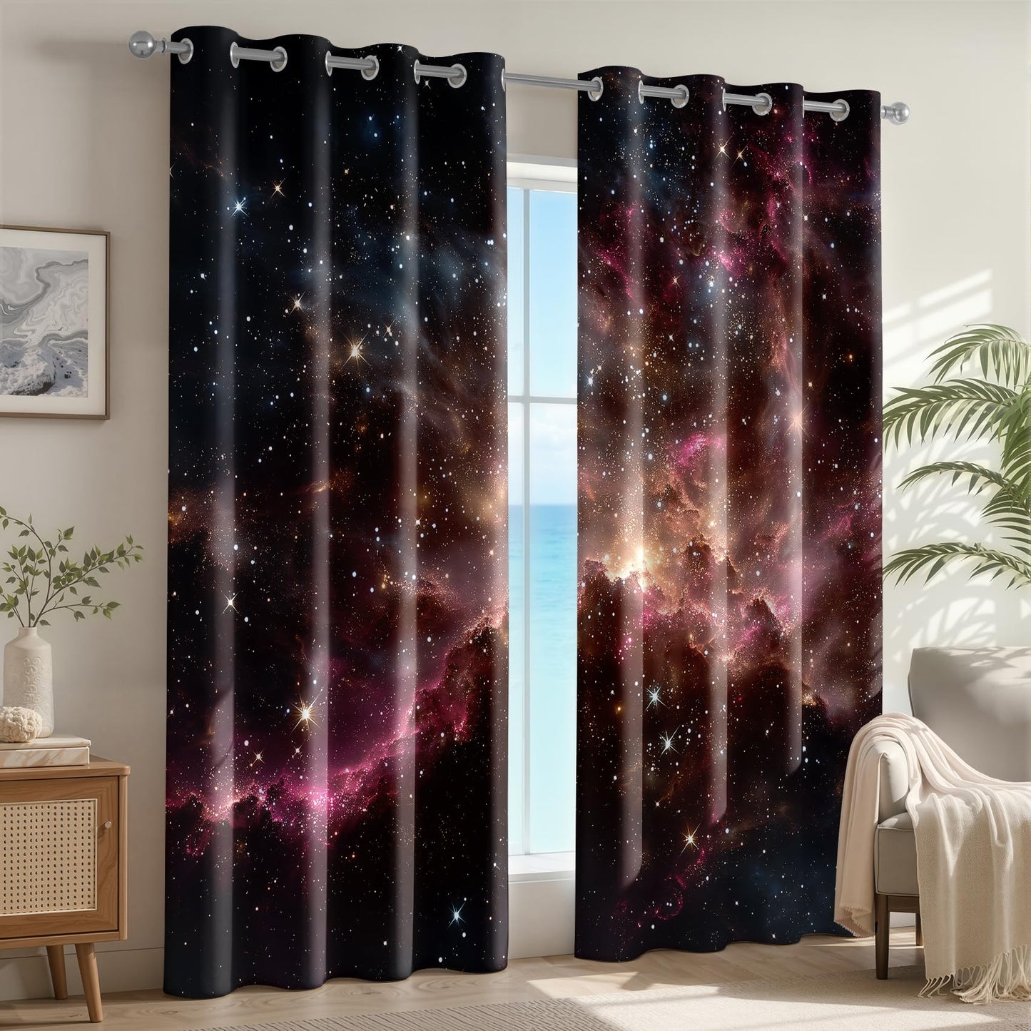 Galaxy Curtains 63 Inch Length 2 Panels Set, Colorful Nebula Starry Sky Stars Outer Space Patterned Blackout Curtains for Kitchen, Thermal Insulated Room Darkening Grommet Drapes