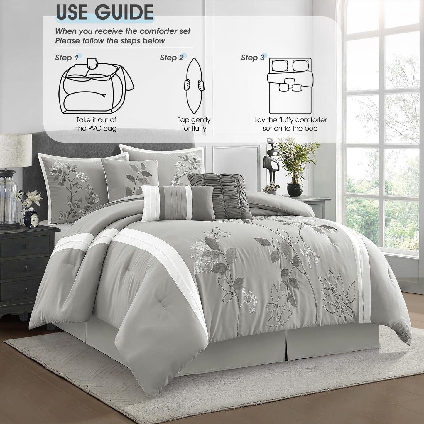 LANCO MODERN LIFESTYLE Grey Queen Comforter Set, 7 Pieces Bed in a Bag, Elegant Floral Leaves Embroidery, Soft and Lightweight All Seasons Bedding Set, Bedskirt, Pillow Shams, Decor Pillows