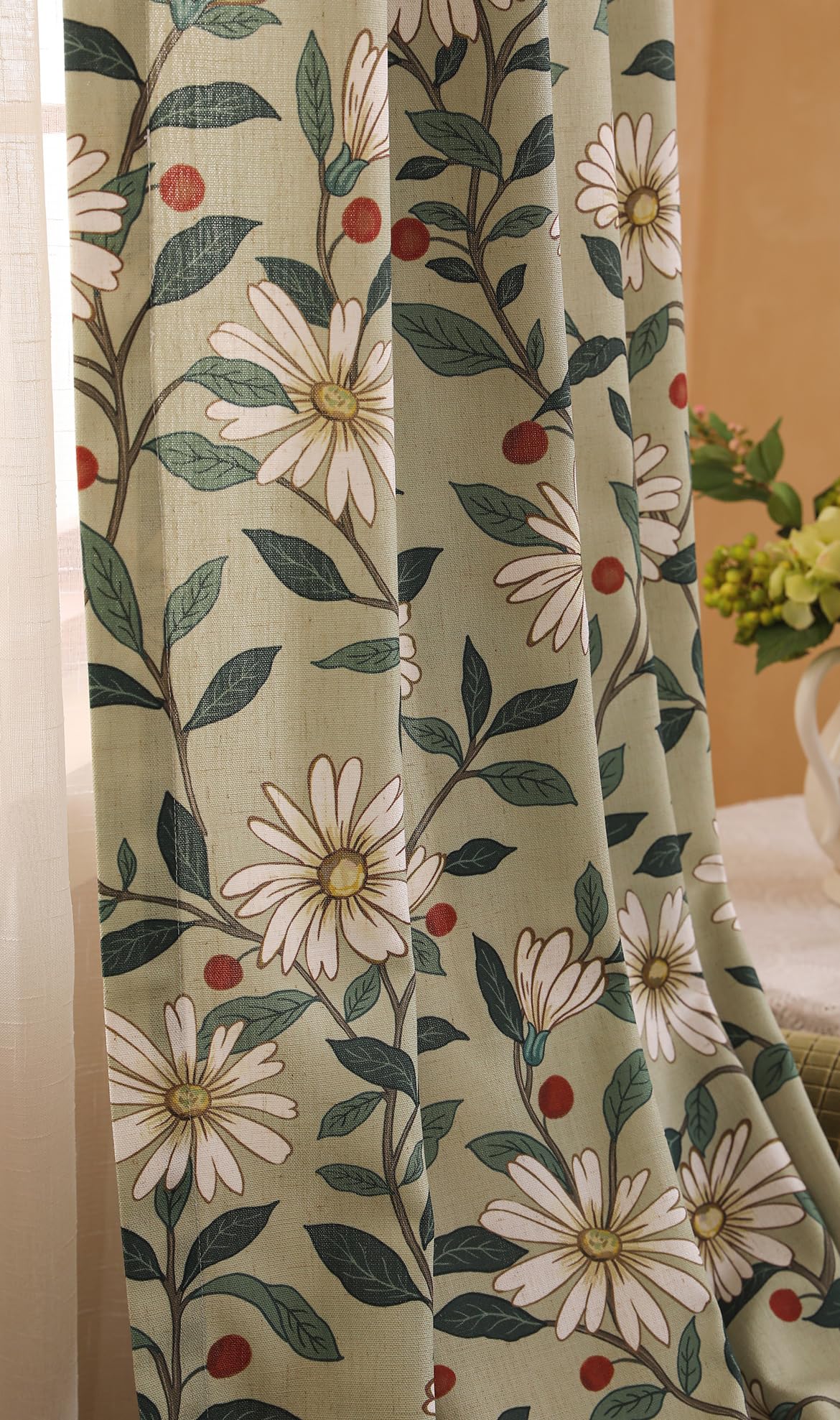 ISAENNE Designer French Green Linen Printed Curtain,2 Panels,63"x53"-Brune