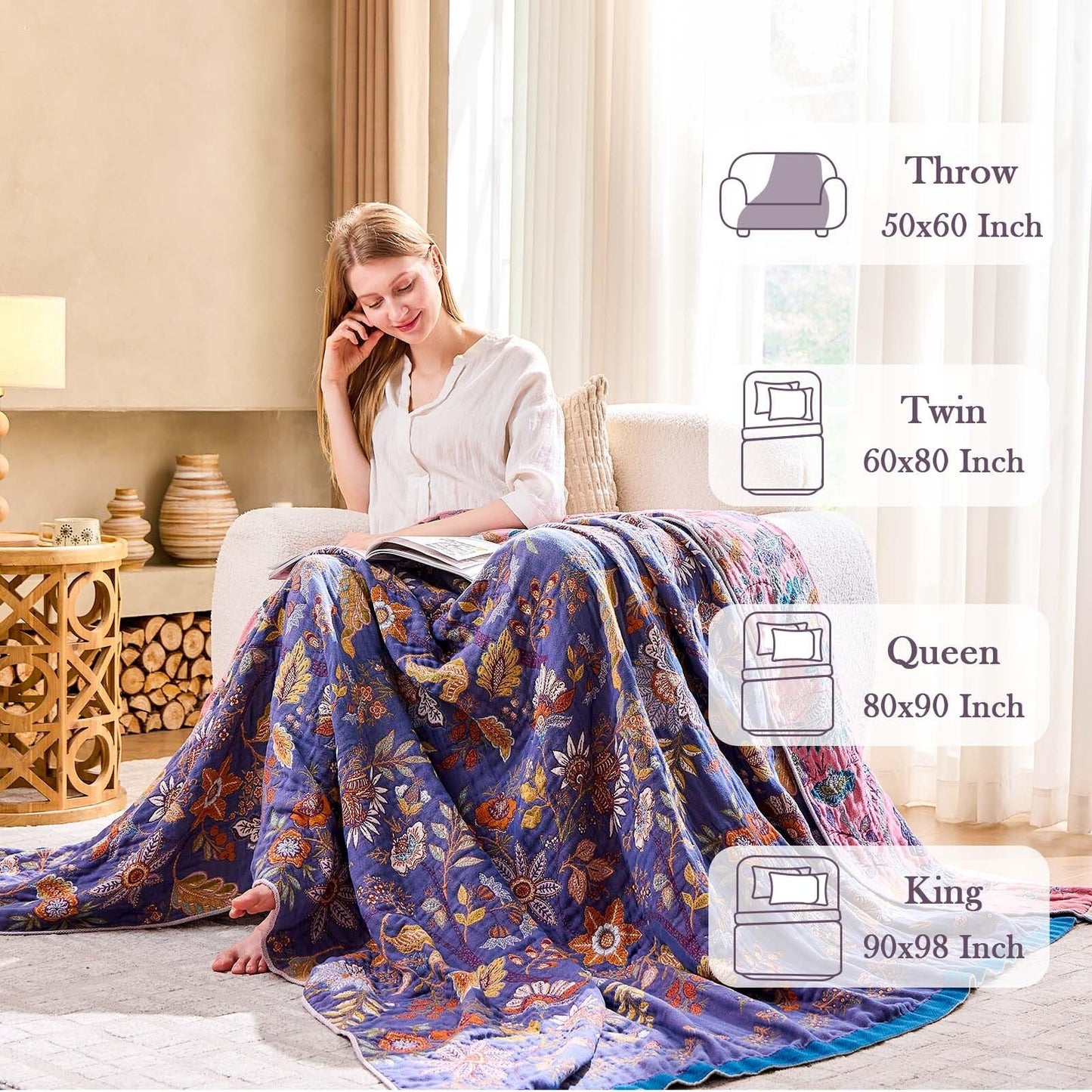 XIBLC Boho Blanket, 100% Cotton Farmhouse Decorative Throw Blanket, 60"x80" Reversible Bohemian Throw Blanket, Purple All Season Muslin Breathable Woven Blankets Quilt