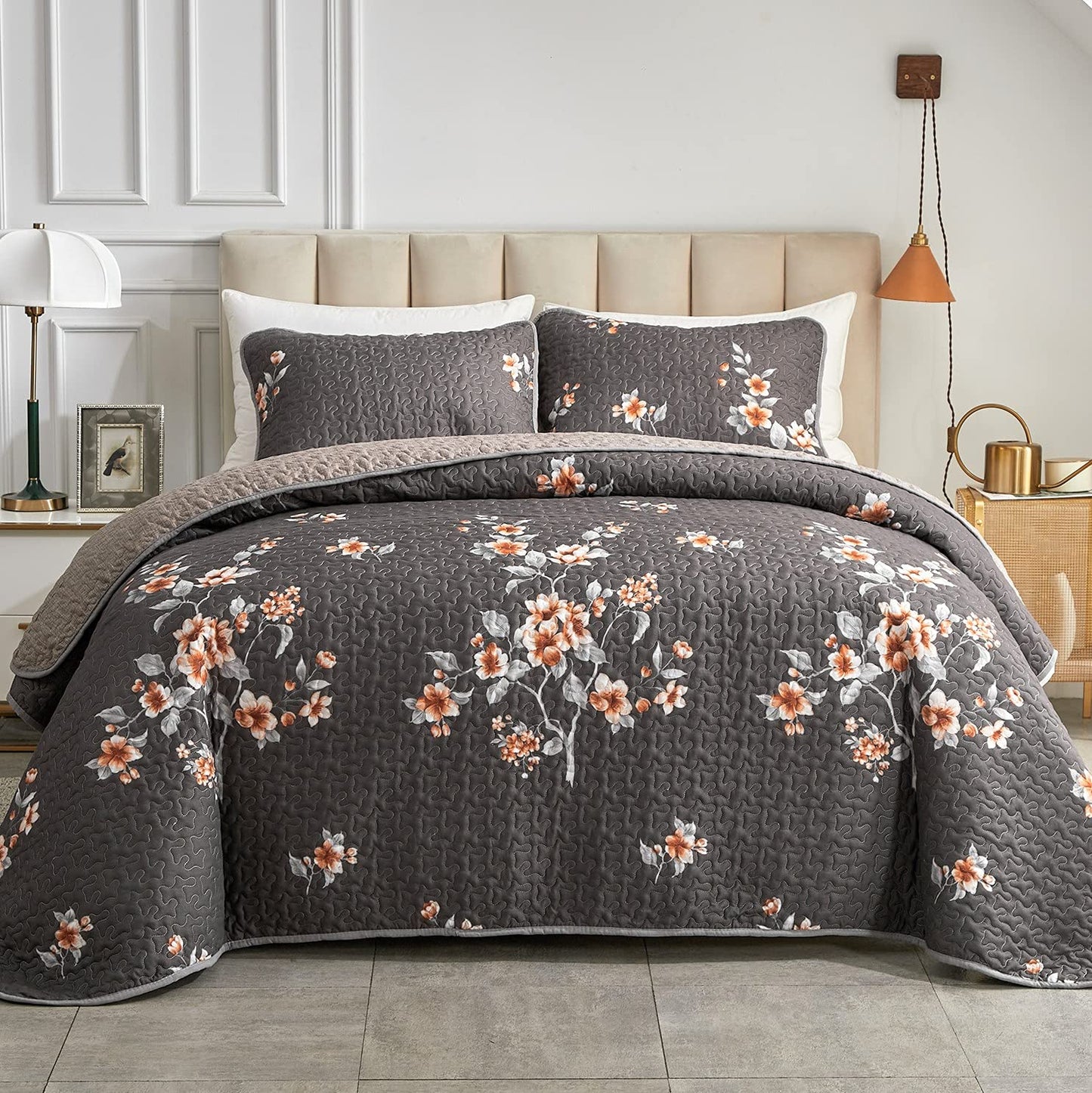 Flysheep 2 Pieces Quilt Set Twin Size, Dark Gray Floral Reversible Bedspread Coverlet Set, Soft Microfiber Lightweight Bed Cover for Kids (68" x 86", 1 Quilt+ 1 Pillow Sham)