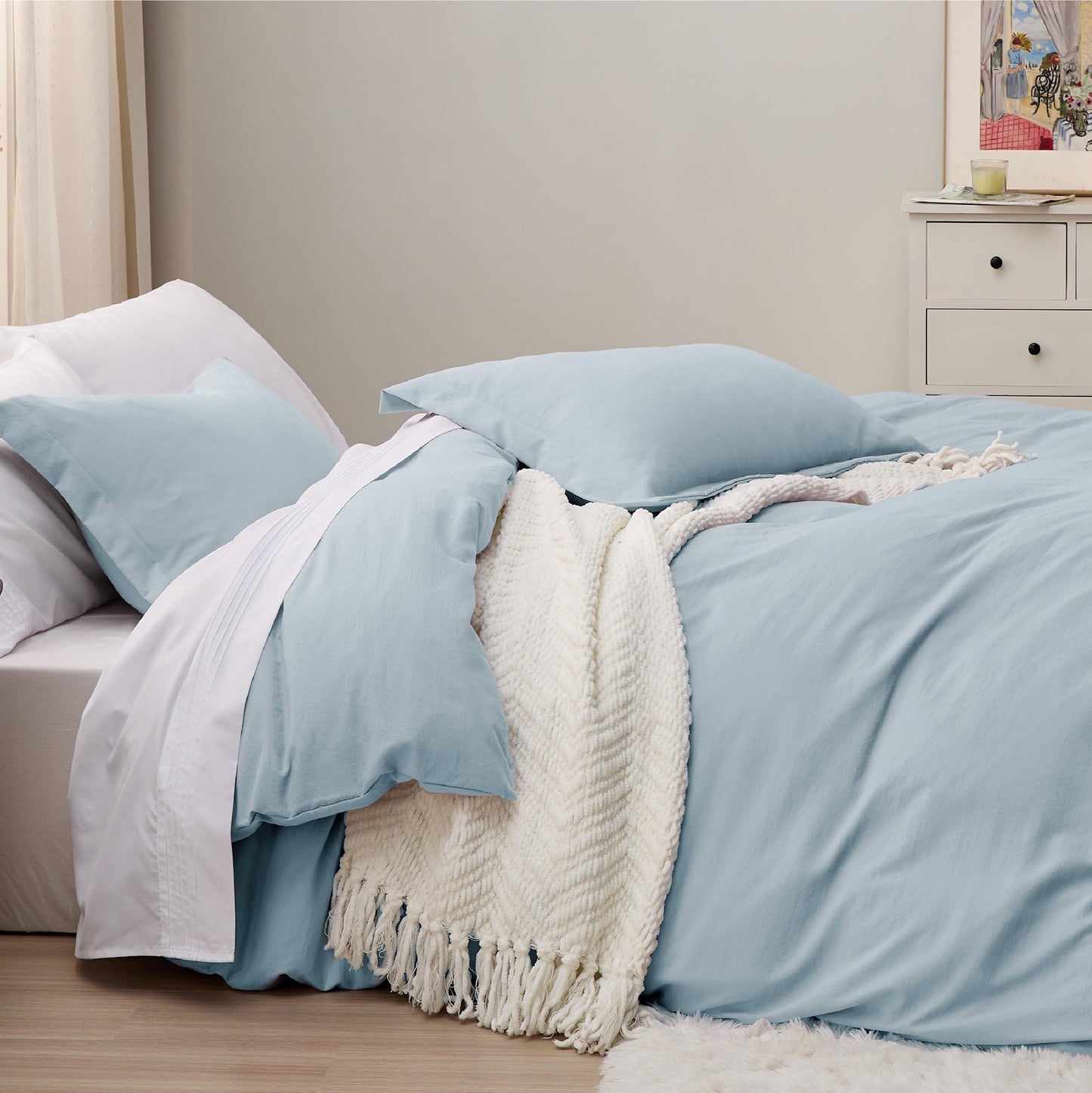 Bedsure Sky Blue Duvet Cover Queen Size - 3 Pieces Prewashed Cotton-Like Polyester Extra Soft Bedding Set, Includes 1 Duvet Cover 90x90 Inches with Zipper Closure & 2 Pillow Shams, No Comforter
