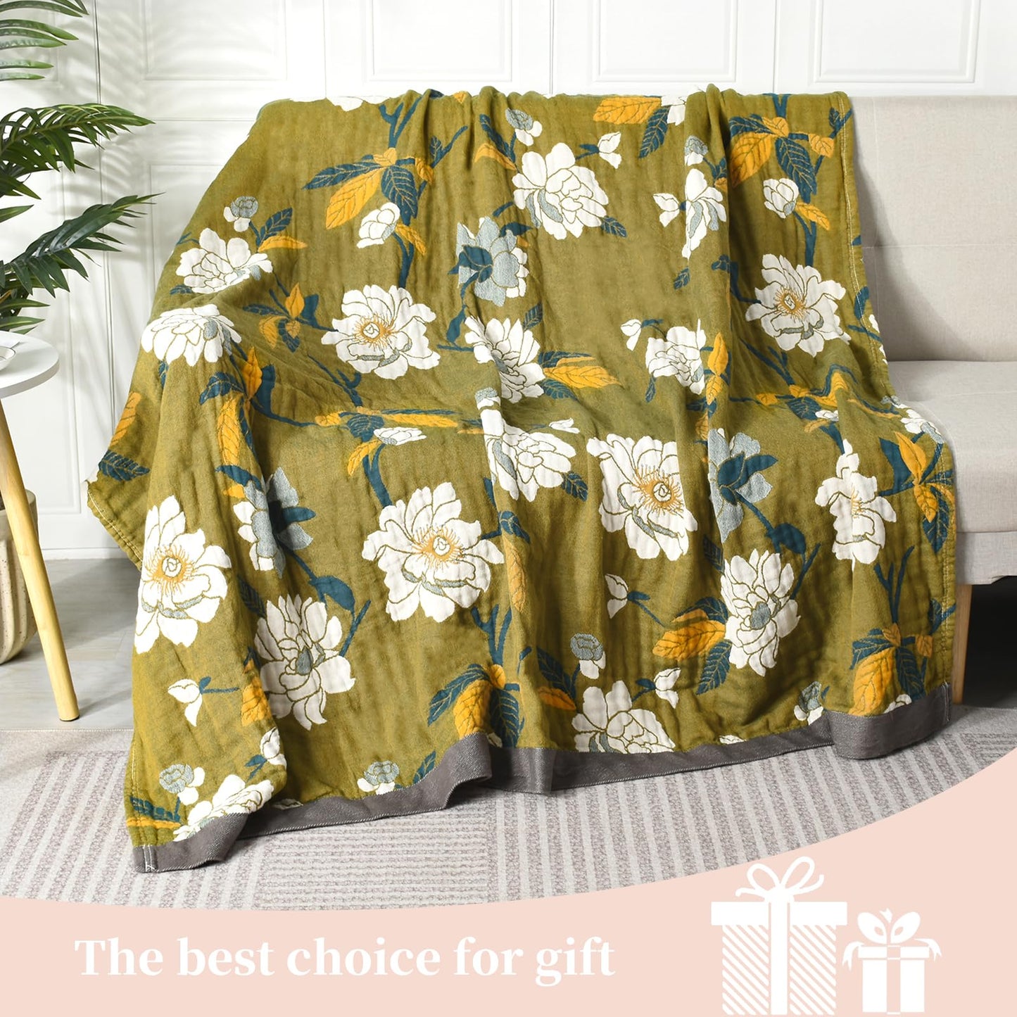 Shesyuki Boho Throw Blanket for Bed - 100% Pure Cotton Ultra Soft Rustic Quilt - Farmhouse Decor Bed Blankets, All Season Rustic Throw for Sofa Couch Chair(91''x 98'', Flower Branch)