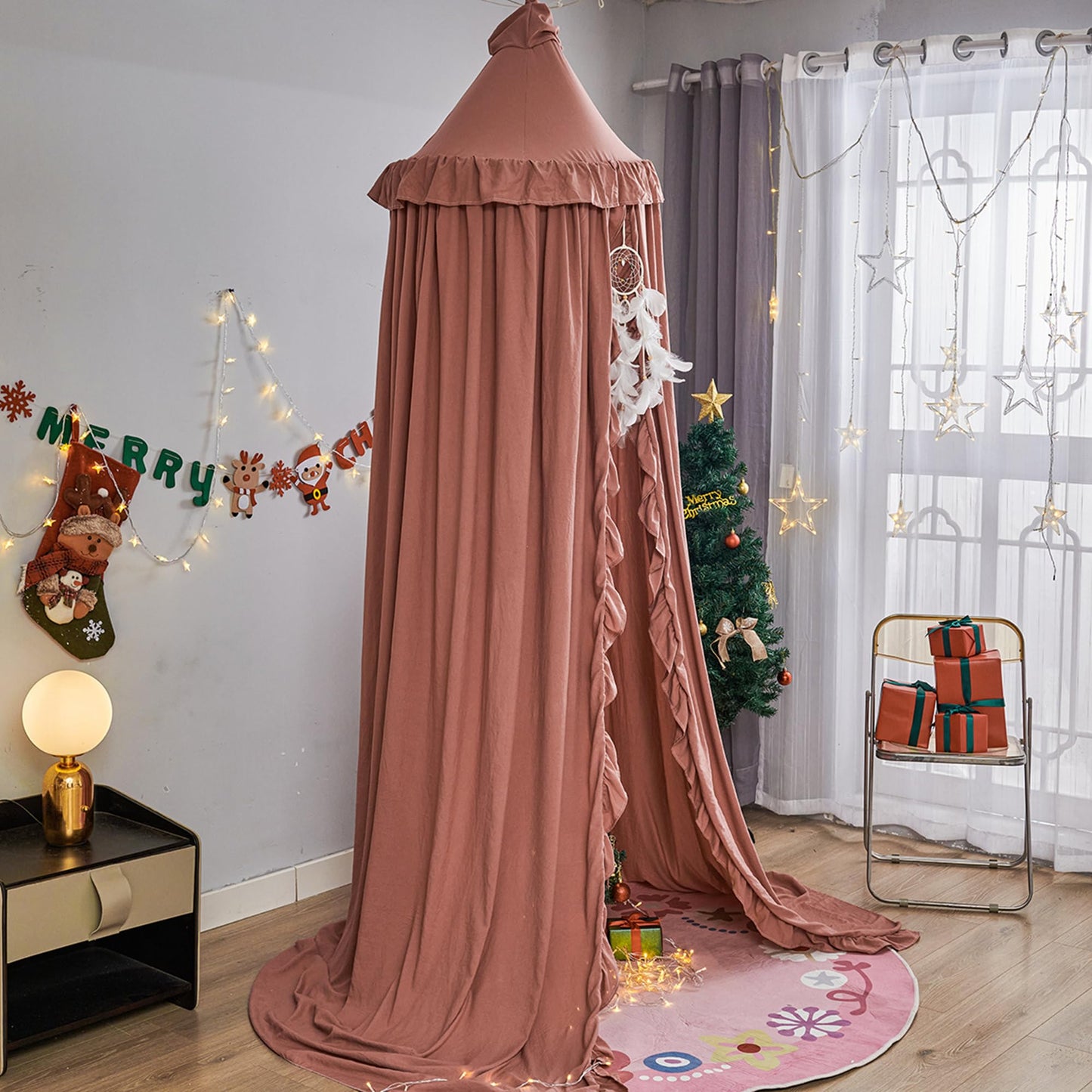 VETHIN Bed Canopy for Girls,Princess Round Dome Dreamy Mosquito Net Bedding Girls Room Castle Play Tent Hanging House Decor Reading Nook Canopies (JujubeRed)