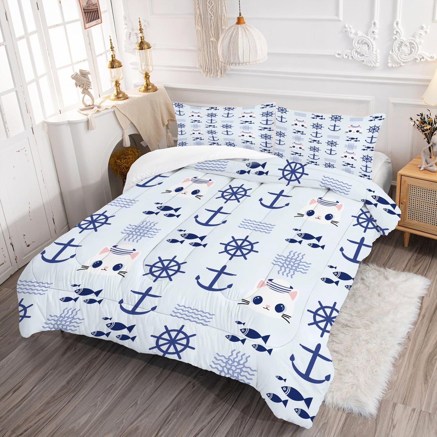 EDGZKO Nautical Cat Comforter Set Full Size Navy Anchor Sailor Cats Bedding Sets Cartoon Blue Marine Theme Bed Set for Teen Girls Boys Kids, 1 Comforter & 2 Pillowcases