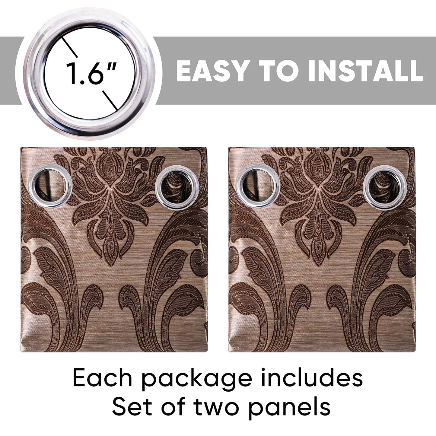 NAPEARL Brown Curtains for Living Room, Jacquard Curtain Drapes for Windows 84 Inch Length, Grommet Damask Curtains for Bedroom (2 Panels, Each 52 x 84 Inches)