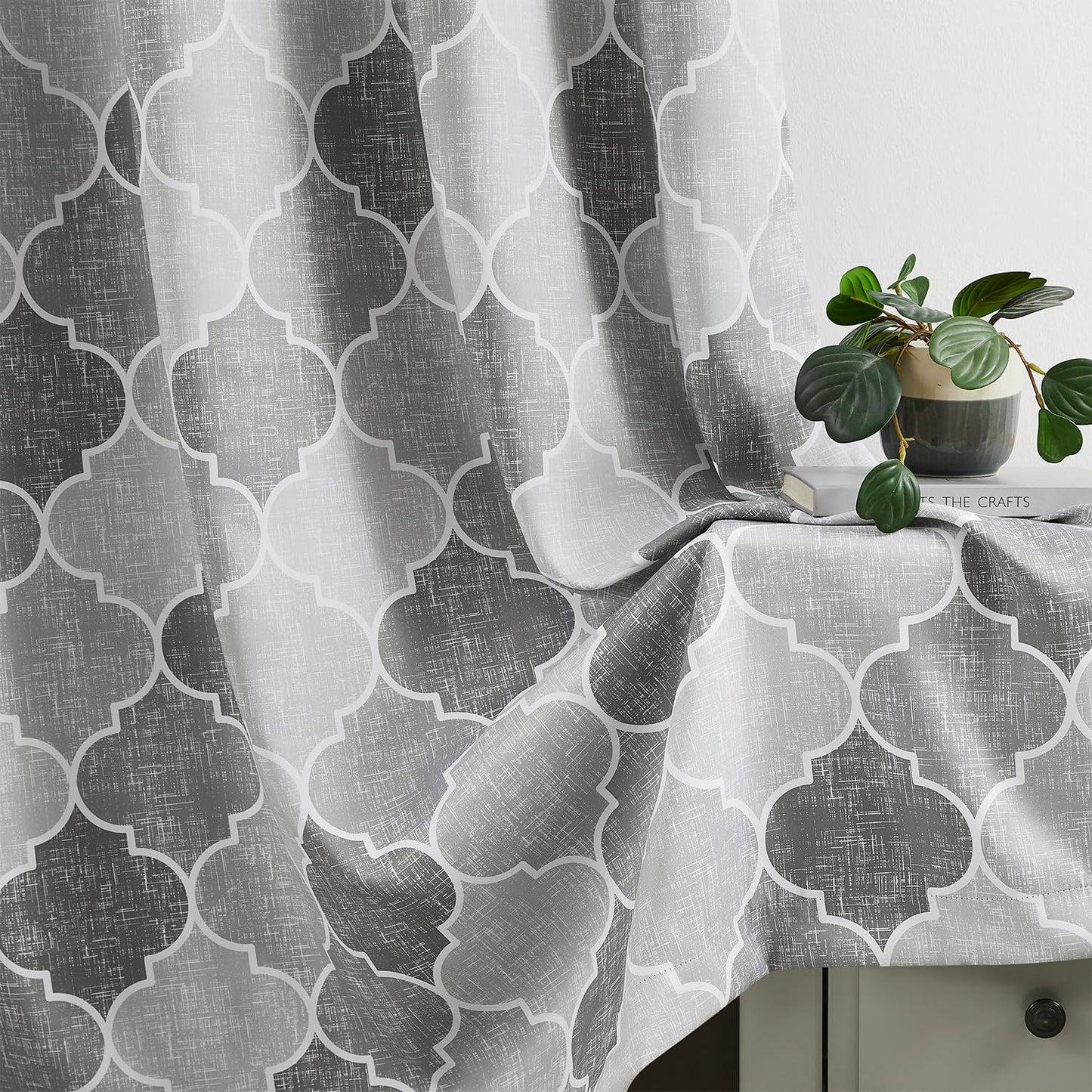 Ronaldecor Full Blackout Curtains 84 Inches Long 2 Panels Gray Moroccan Lattice Patterned Drapes Room Darkening Thermal Insulated Grommet Top Window Treatments Sets for Bedroom Living Room, 52" W
