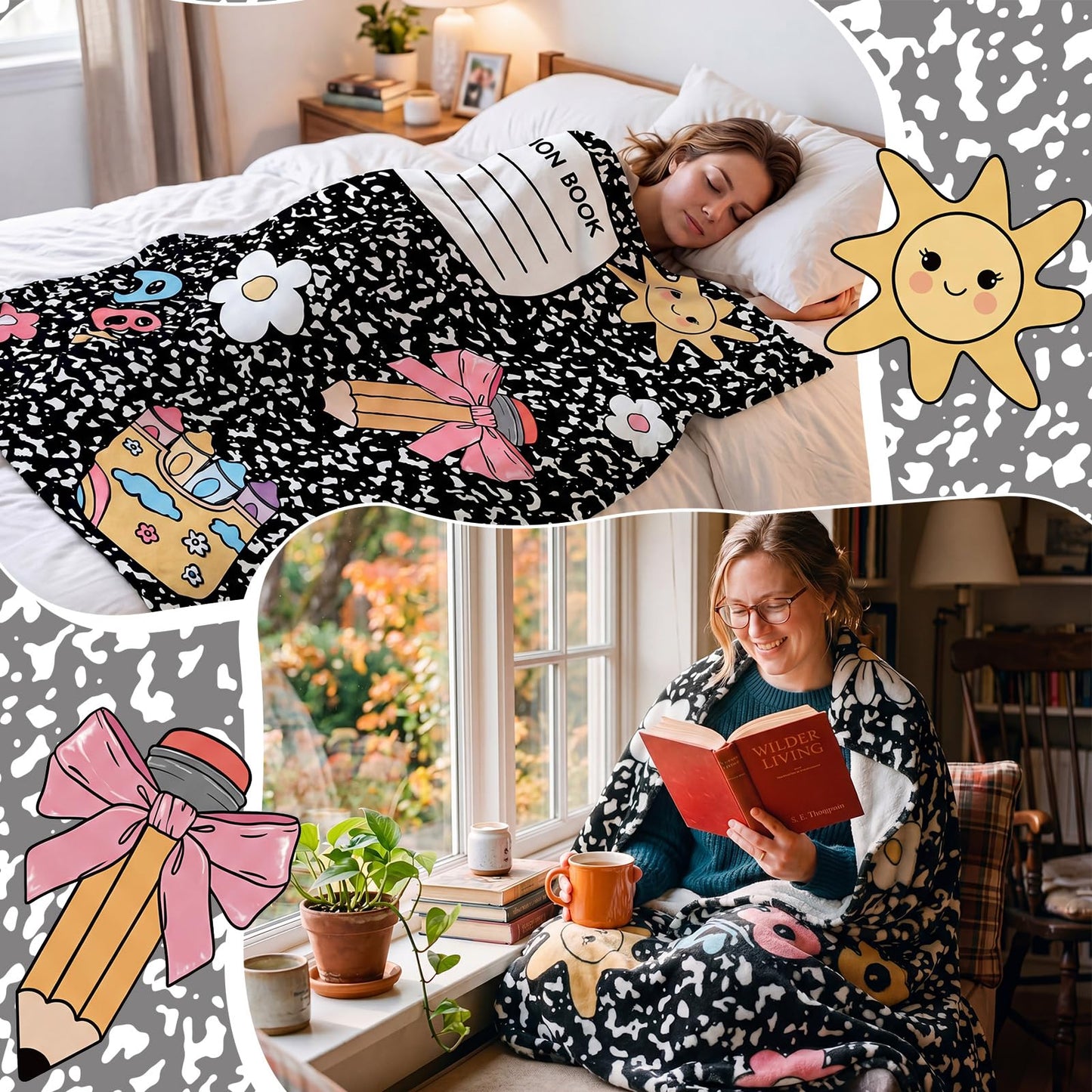 Remagr Back to School Blankets 60"x 50" Composition Notebook Throw Blanket Plush Lightweight Flannel Blankets for End of Year Back to School Graduation Sofa Couch Travel Bed Decoration