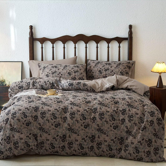 BuLuTu Vintage Muslin Duvet Cover Set Queen, 100% Cotton Linen Like Comforter Cover Boho Floral Quilt Cover with 2 Pillowcases, 90"x90", Soft Breathable Bedding Set, Zipper & Corner Ties