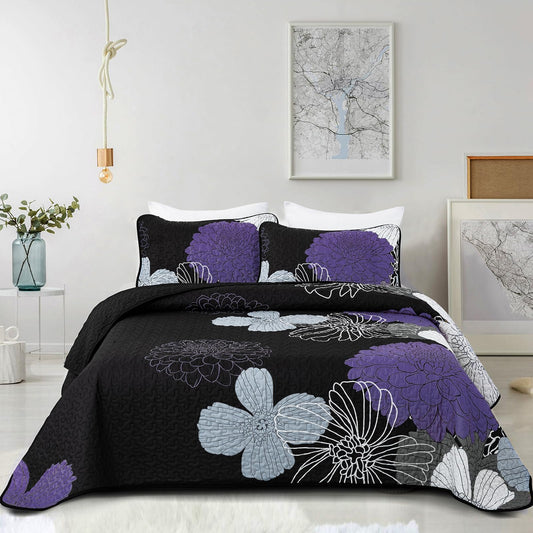 Purple Floral Quilt Set Queen Size - 3 Pieces Purple Flower Pattern Coverlet Set, Soft Microfiber Lightweight Quilted Bedspread for All Season with 2 Pillowcases All Seasons Bed Cover Set 96"x90"