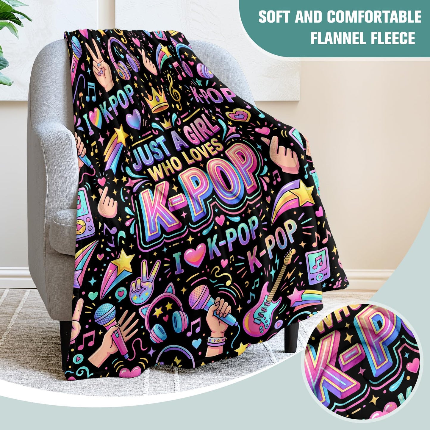 Jekeno Kpop Blanket Gifts for Girls Cute Just A Girl Who Loves k Pop Bedding Decor Cozy Fleece Lap Blanket Soft Bed Couch Cover Gift Idea for Fans of k pop Music