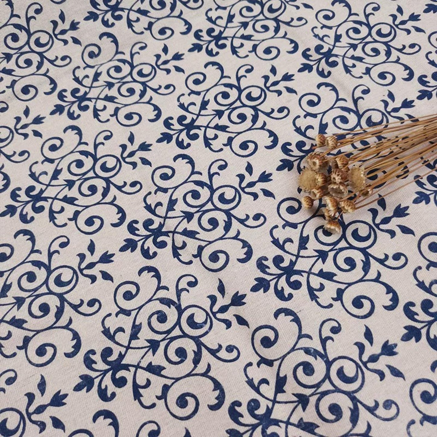 COMFEELING Coffee Table Cloth Rustic Style Living Room Center End Table Cover with Pocket, Cotton Linen Tablecloth (Blue Flower,23.6×63 Inch)