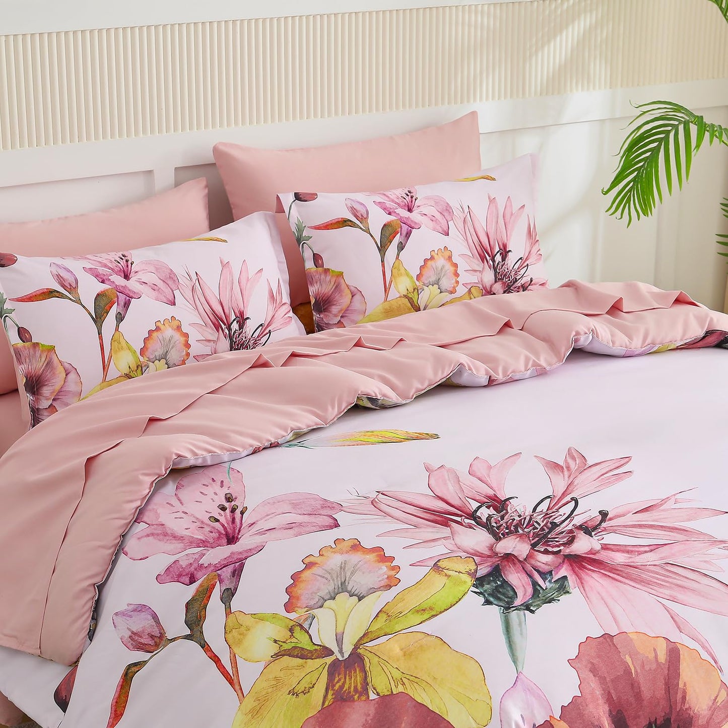 Yogeneg Queen Comforter Set 7 Piece Bed in a Bag,Elegant Floral Botanical Pattern Pink Bedding Set,Soft Microfiber Comforter with Sheet Set,All Season Bed Set(Blush Floral,Queen)