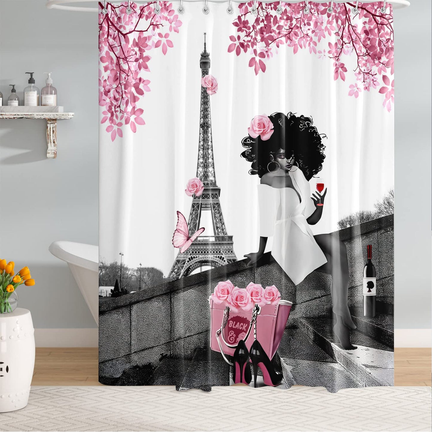 TYAKASHA Shower Curtain African American Woman Afro Lady withn Pink Rose Fashion Black Girl Eiffel Tower 72x72 Inches Waterproof Fabric Polyester with 12 Hooks for Bathroom Decor