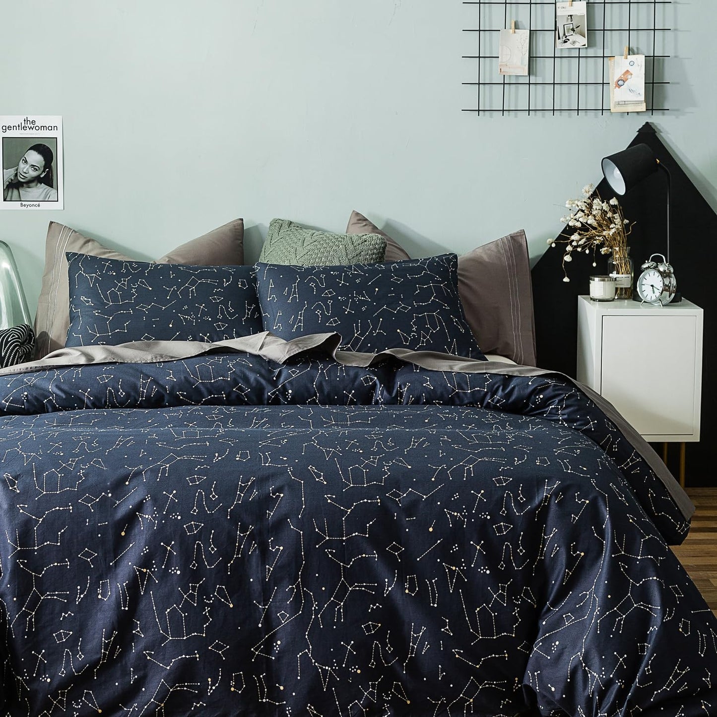 YuHeGuoJi Navy Constellation Duvet Cover King 100% Cotton 3 Pcs Set 1 Blue Space Duvet Cover with Zipper Ties 2 Pillowcases Modern White Stars Galaxy Celestial Pattern Bedding Set Soft