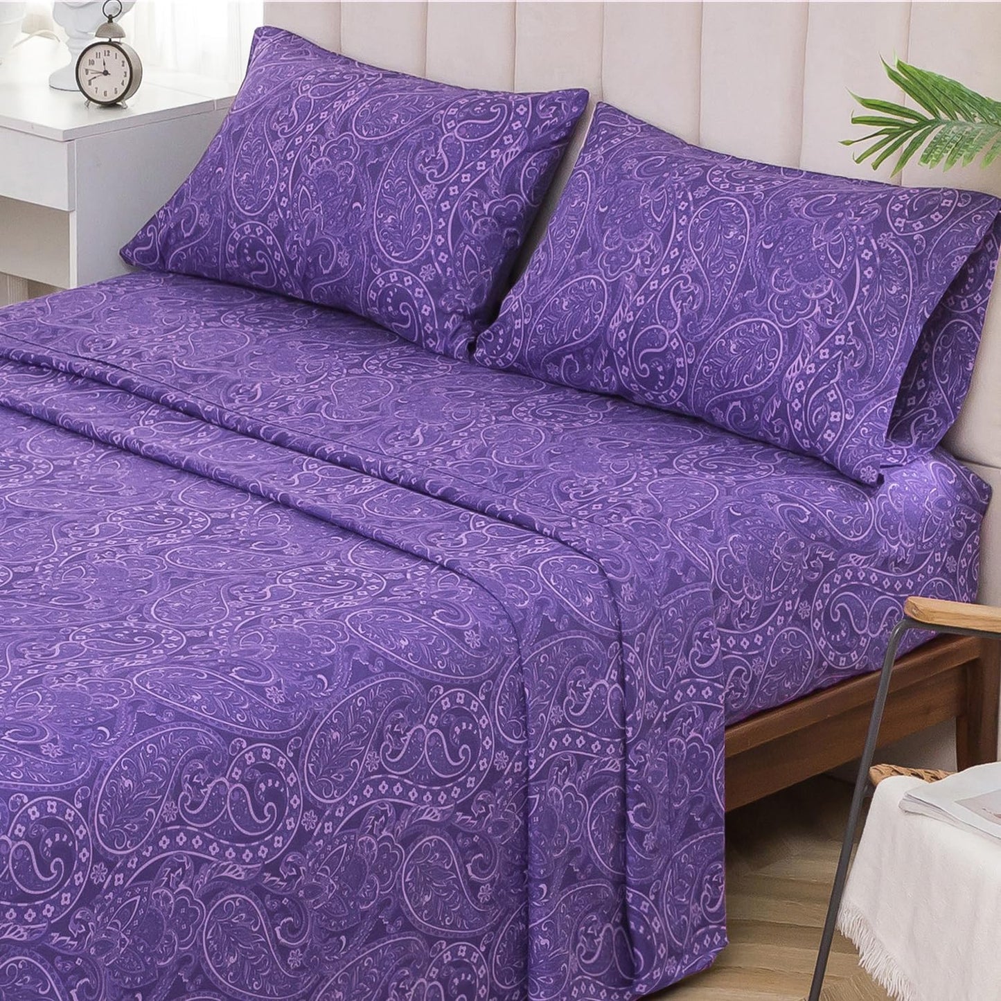 KACEMOO Cal King Sheet Set, California King Size Bed Sheets, Deep Pocket Purple Paisley Sheets Set, Soft Fitted Sheets Set Microfiber Breathable