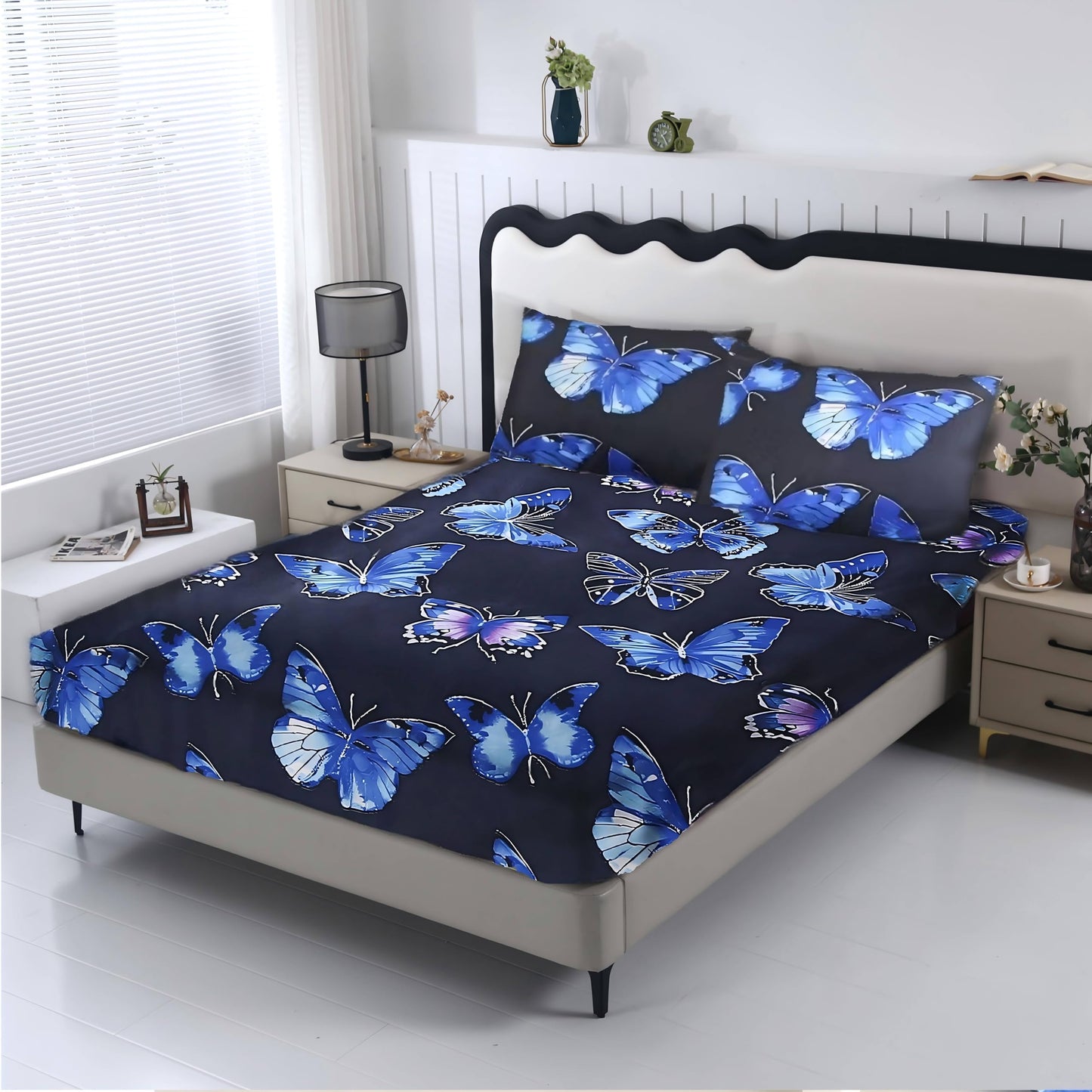 SDIII Blue Butterfly Twin Fitted Sheet with 2 Pillowcases, Deep Pocket Soft Microfiber Butterfly Sheet Twin Size for Girls Boys Kids and Teens