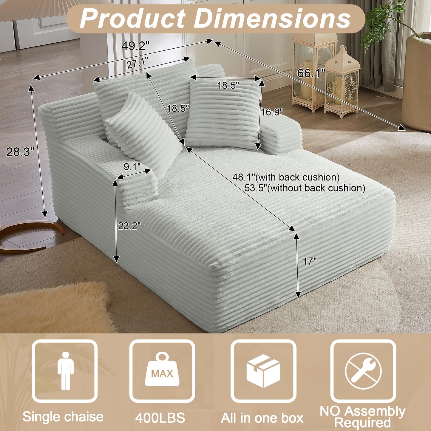 KEIKI 67" Oversized Chaise Lounge Sofa Chair, Corduroy Cloud Sleeper Couch with Deep Seat Comfort, Boneless Lounge Sofa for Reading Nook, Home Office & Relaxing, Modern Futon Couch for Apartments
