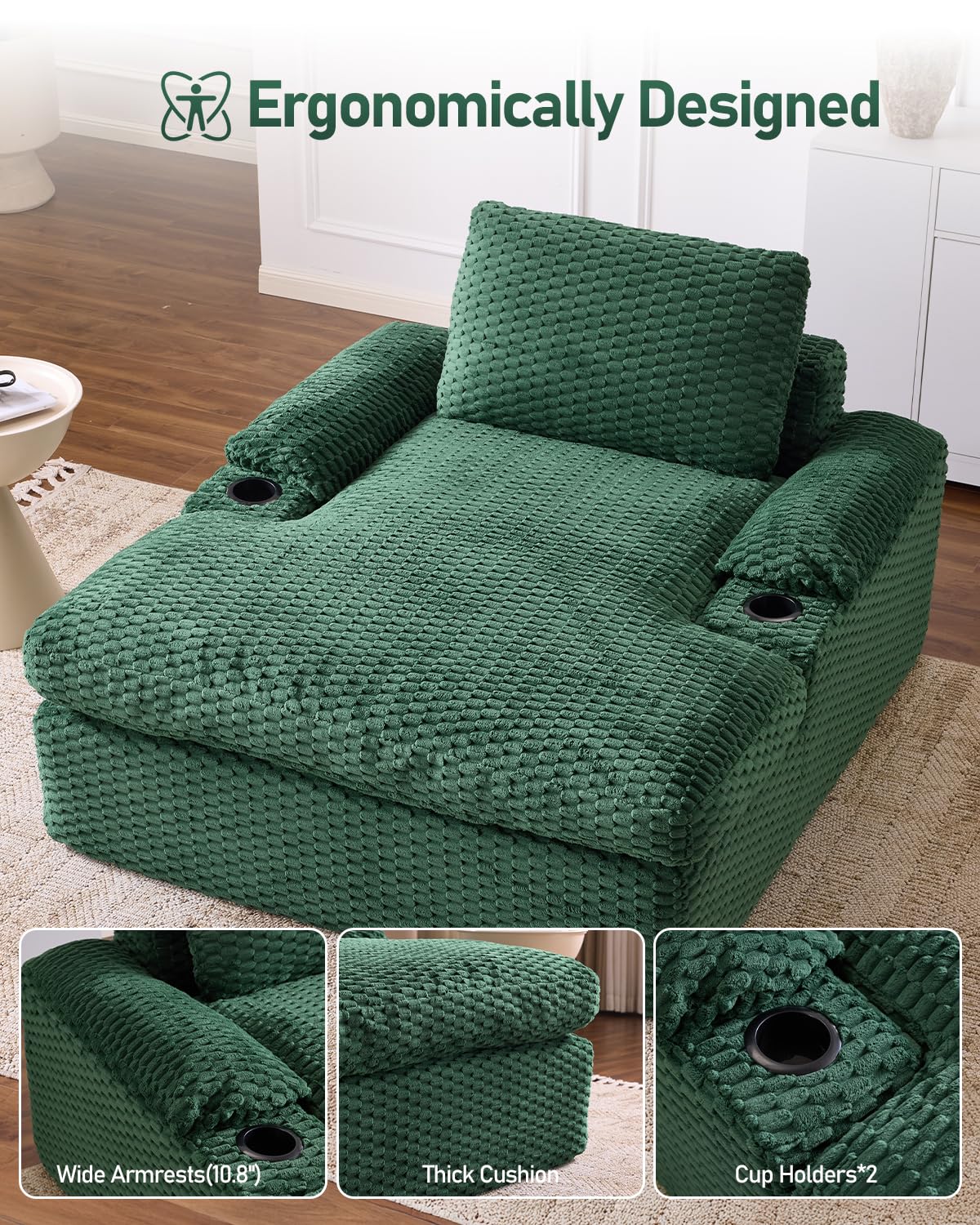 Karl home 59.8" Chaise Lounge Chair Indoor,20.1" Deep Seat, Green