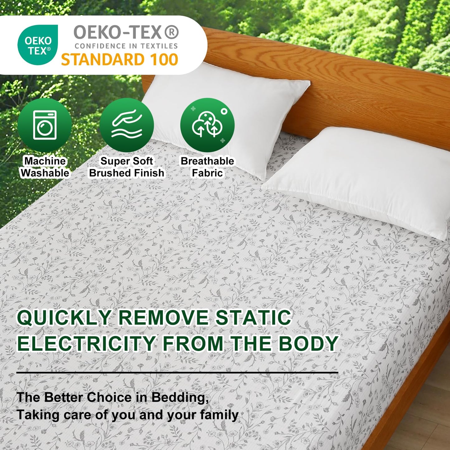 Ivellow Floral Grounding Sheets Queen 10% Pure Silver Fiber 90% Organic Cotton Fitted Sheet Queen Size 16” Deep Pocket Soft Earth Connected Bedding Patterned Fitted Bed Sheet with Grounding Cord