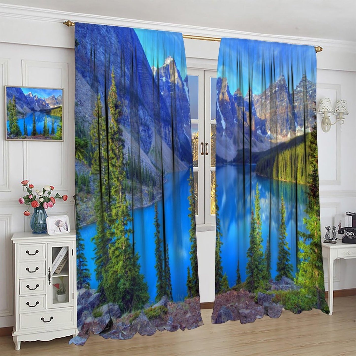 AAVEUP Nature Landscape Curtains for Kitchen,Forest Tree River Mountain Scenery Scene Design Print Window Drapes for Boys Girls Bedroom Living Room 42x45in