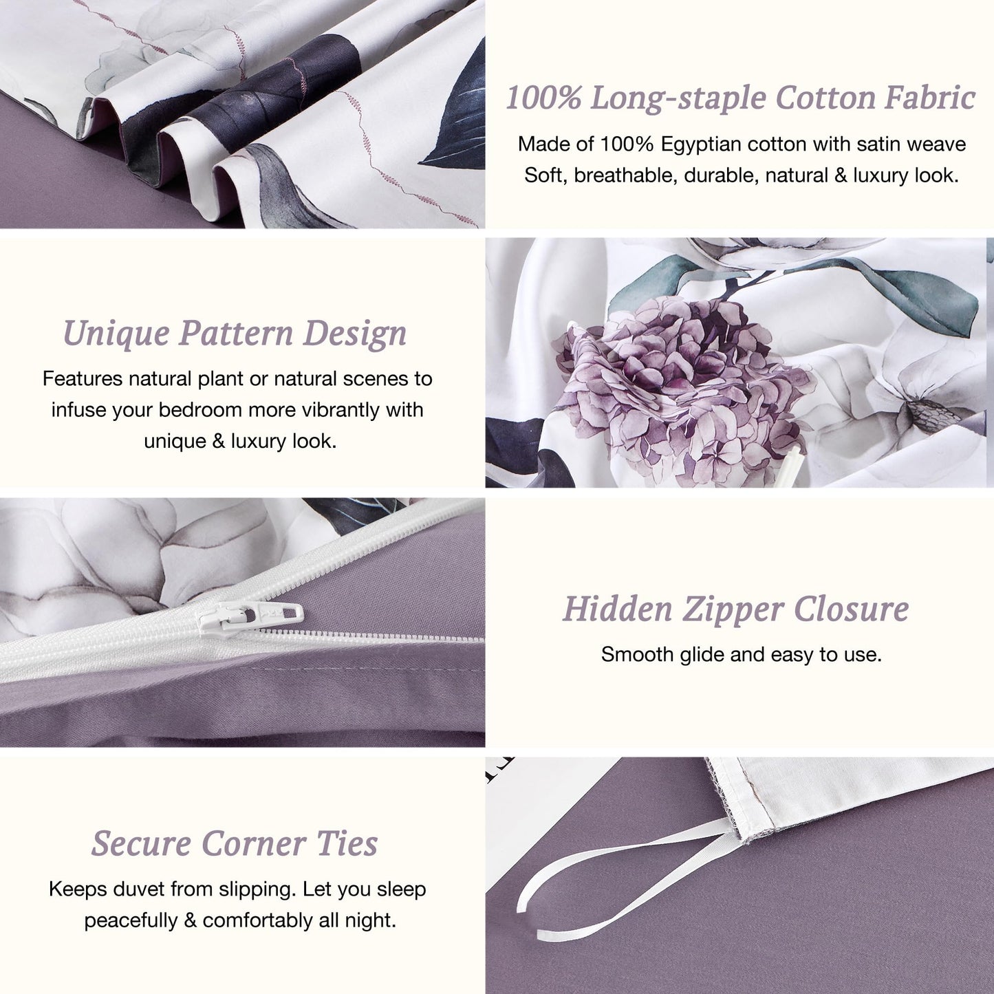 MILDLY 100% Long-Staple Cotton Duvet Cover Set Hydrangea Lotus Flower Pattern Printed Comforter Cover 3pcs, Ultra Soft & Breathable Bedding Set