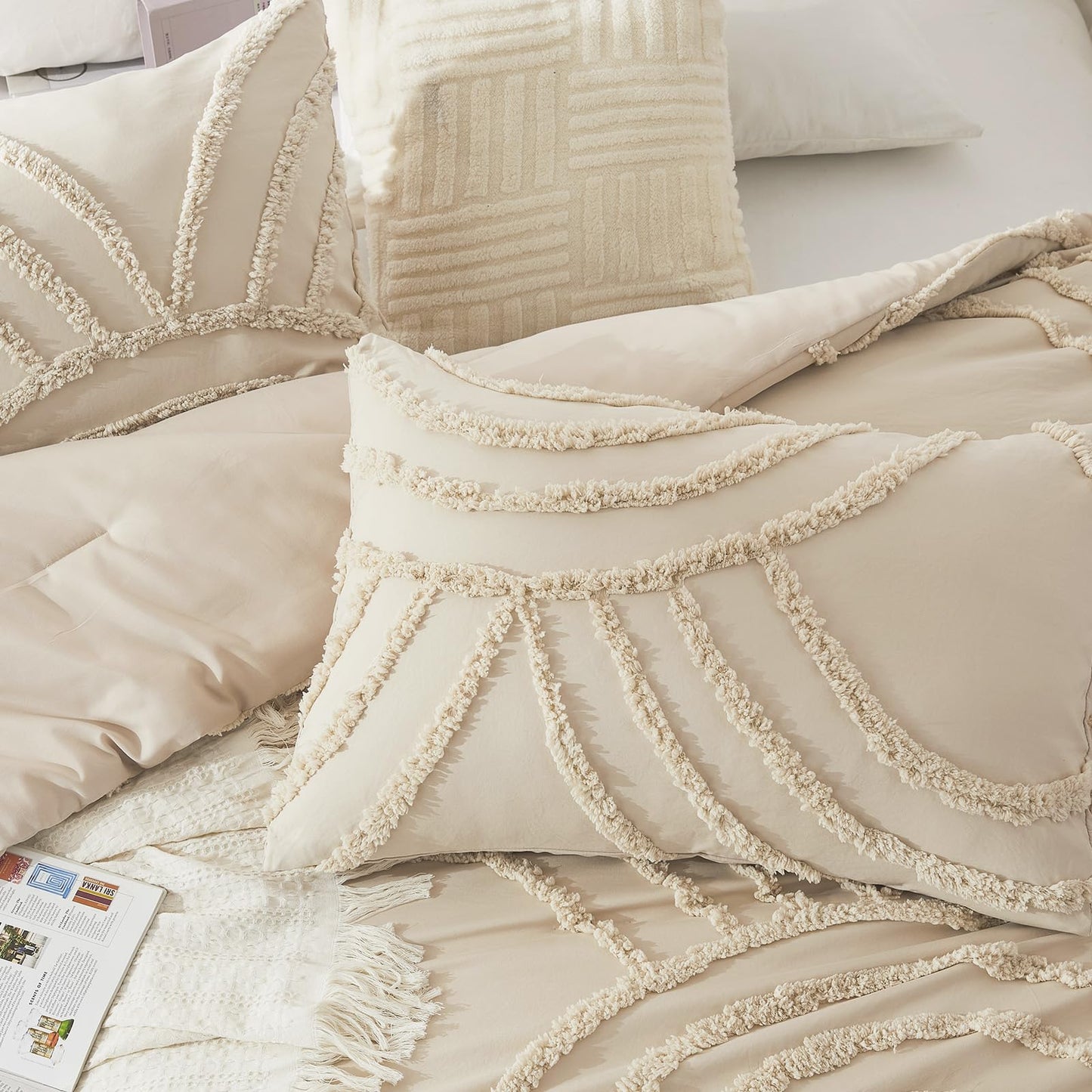 ENJOHOS Boho Comforter Set 3PC, Full Size, Beige, Dorm Bedding Sets for College Girls, Tufted Rainbow Design, Fluffy Lightweight Breathable Microfiber Comfoter