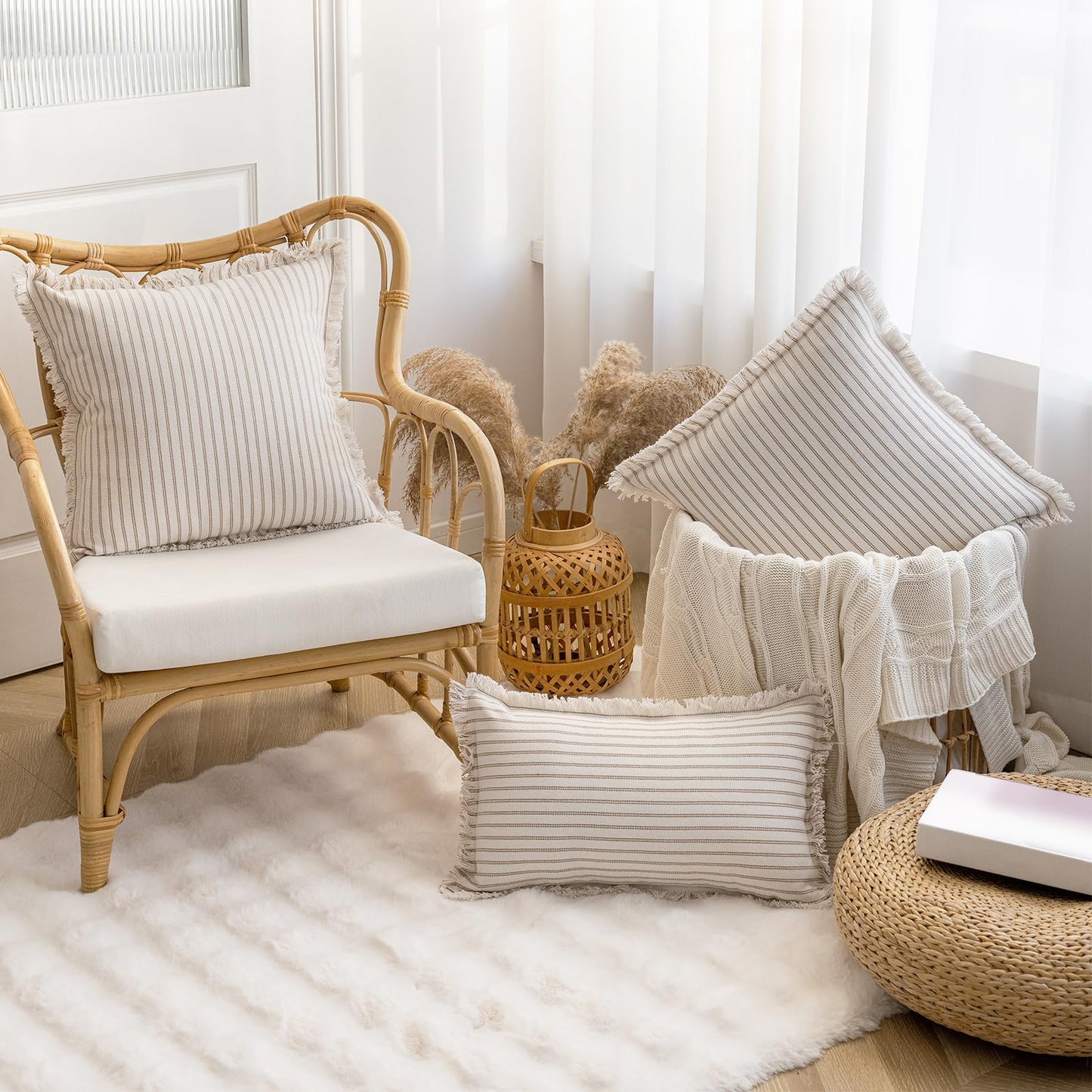 YEENAASY Throw Pillow Covers 18x18 Set of 2 Striped Fringe Pillow Cover Farmhouse Cushion Covers with Tassel Neutral Boho Pillows Decorative Square Pillowcase for Couch Sofa Bed, Khaki