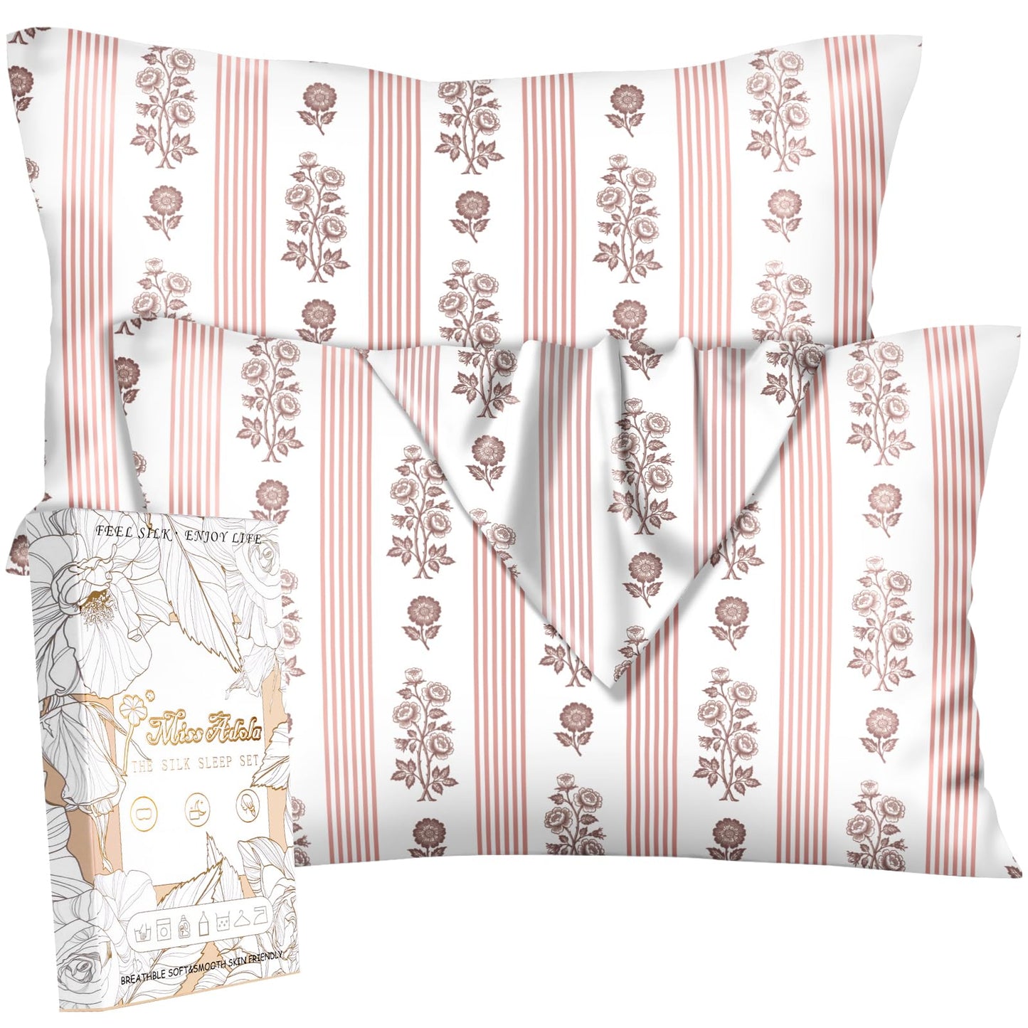 Miss Adola Silk Pillowcase 2 Pack - Pillow Cases 20" x 30" Queen Size Set of 2 for Hair and Skin Smooth Soft Breathable with Hidden Cute Zipper Cooling Pillow Covers for Sleeping, PK Floral