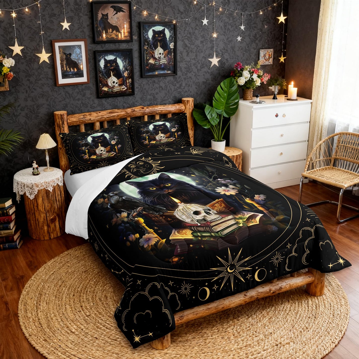 Trippy Cat Comforter Set Full Size,Sun and Moon Kids Quilt Set Gothic Sugar Skull Crow Print Bedding Set for Girls Boys Adult Room Decor,Exotic Daisy Floral Duvet Insert,2 Pillowcases,Black