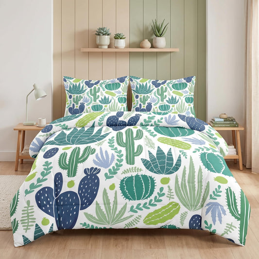 Pamnest Comforter Set Twin Size, Green Plants Desert 2 Pcs Soft Bedding Set for Kids and Adults, Cactus Flower Summer Comforter Set with Pillowcase, for Bedroom Bed Decor
