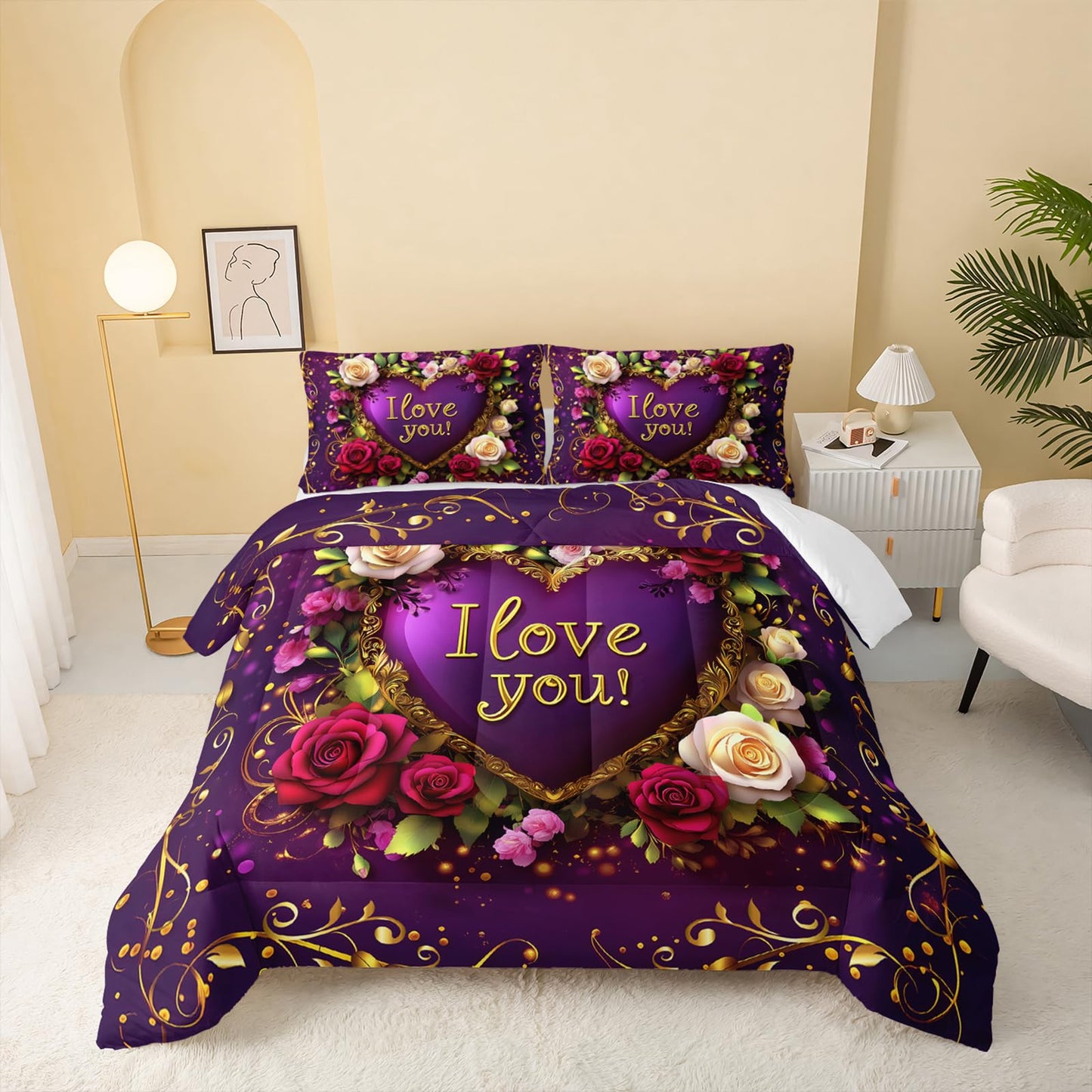 QOOMO 3Pcs Flower Print Comforter Set Queen Size,Cute Plants Bedding Set for Teens Boys Girls,Purple Comforter with 2 Pillowcases,Soft and Lightweight