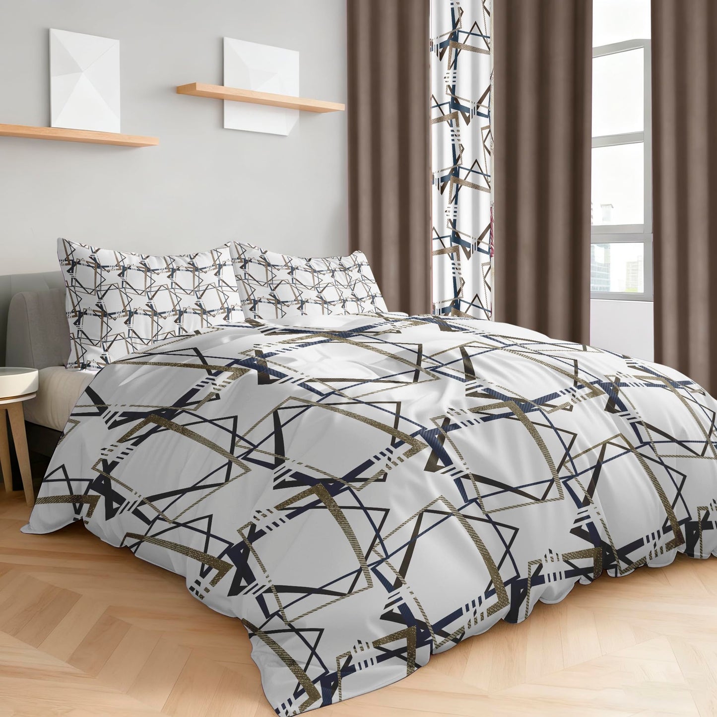 Deepsleep King Bedspread Set 9 Pieces, All Season Luxury Bed in a Bag for Bedroom, with 2 Pillowcases and 6 Curtains, Ultra-Soft Microfiber for Complete Bedroom Decor, Geometric Lines