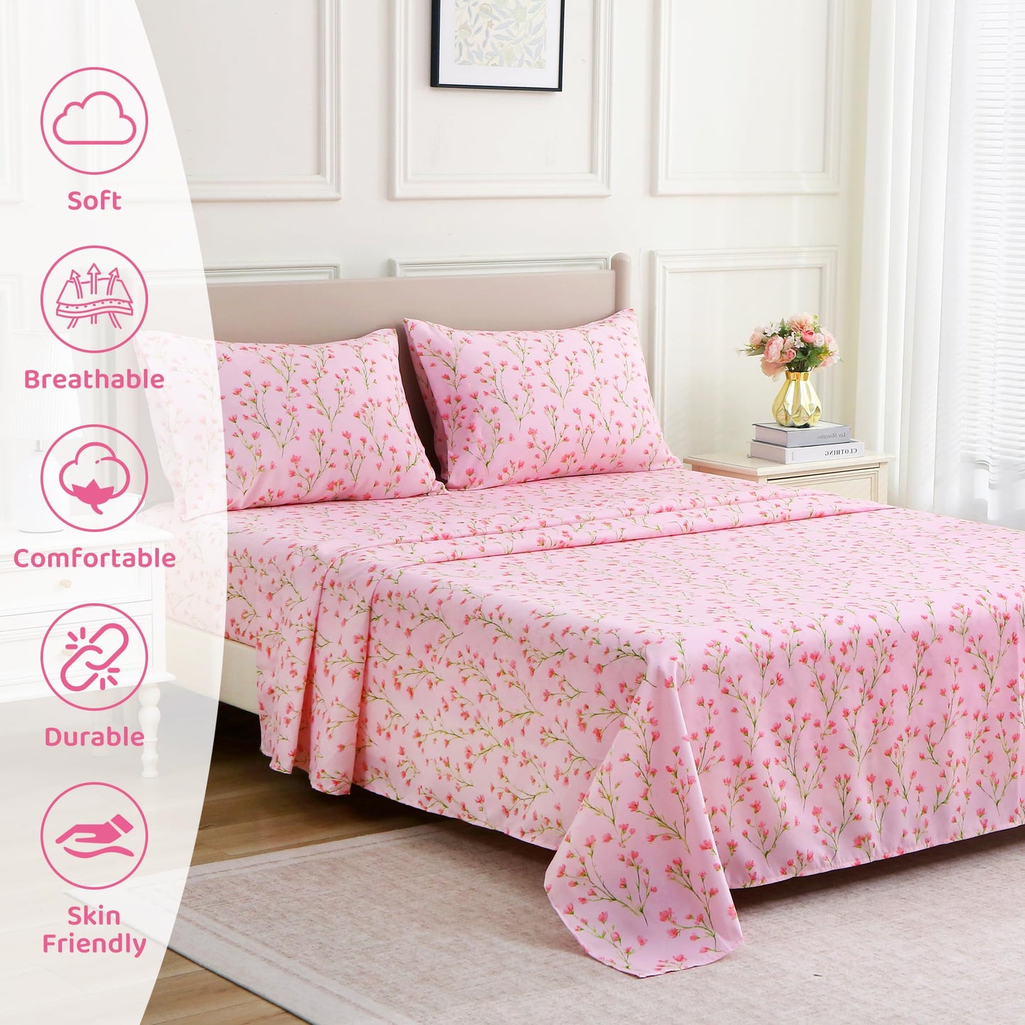Mooreeke Cozy Floral Microfiber Printed Full Sheet Set - Soft & Breathable Pink Flowers Bed Sheets with Deep Pocket - Non-Slip Fitted Design - Pink Flowers with Green Branches Pattern - Full