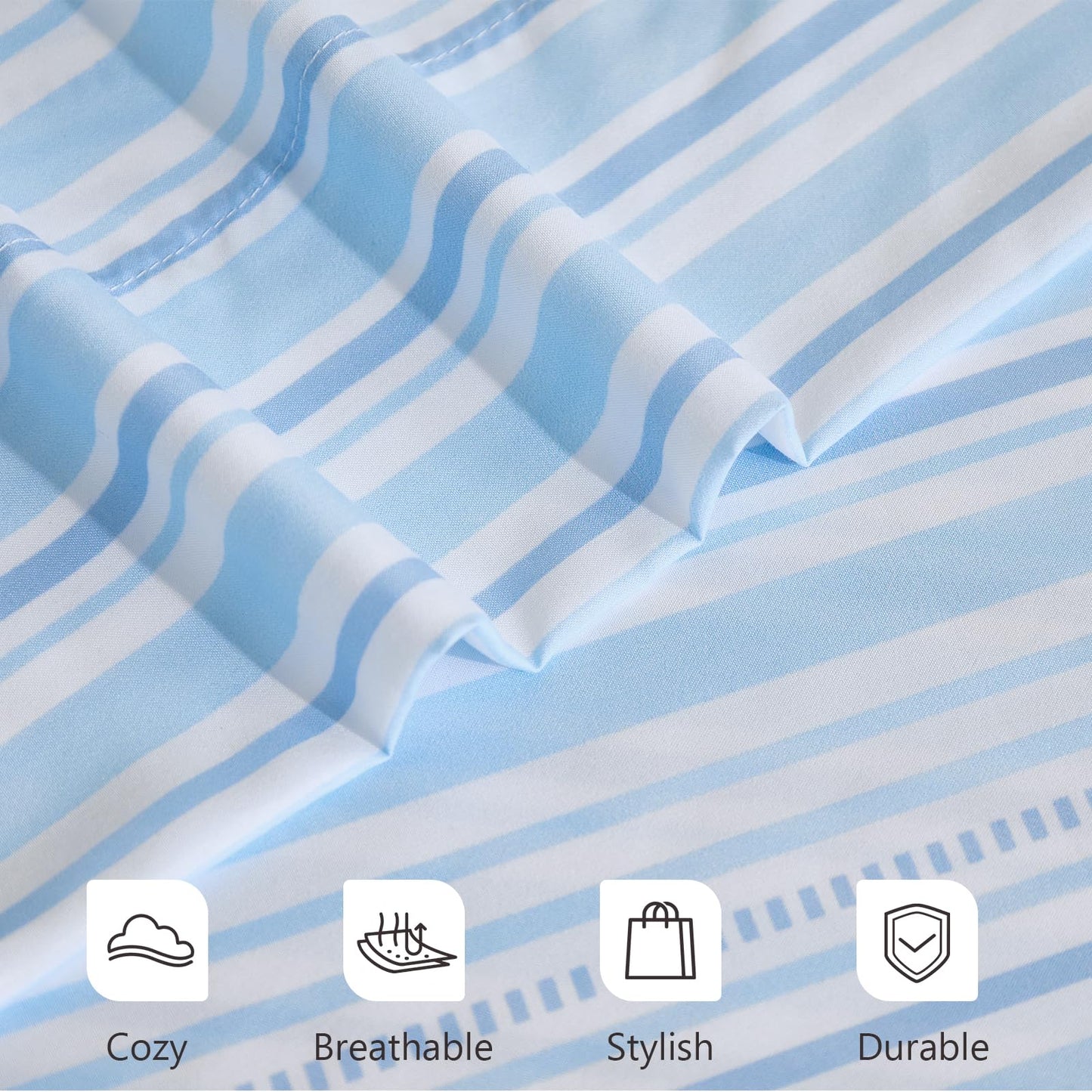 MCO 4Pieces Striped Sheets Set, Breathable King Sheet Set with 16" Deep Pocket,Modern & Luxury, Brushed Microfiber Bedding Set(King, Blue)